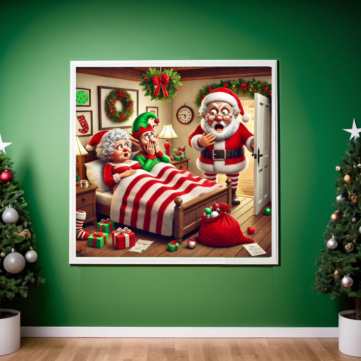 Funny Christmas Art: Santa Catches Mrs. Claus with Elf (Digital Download)