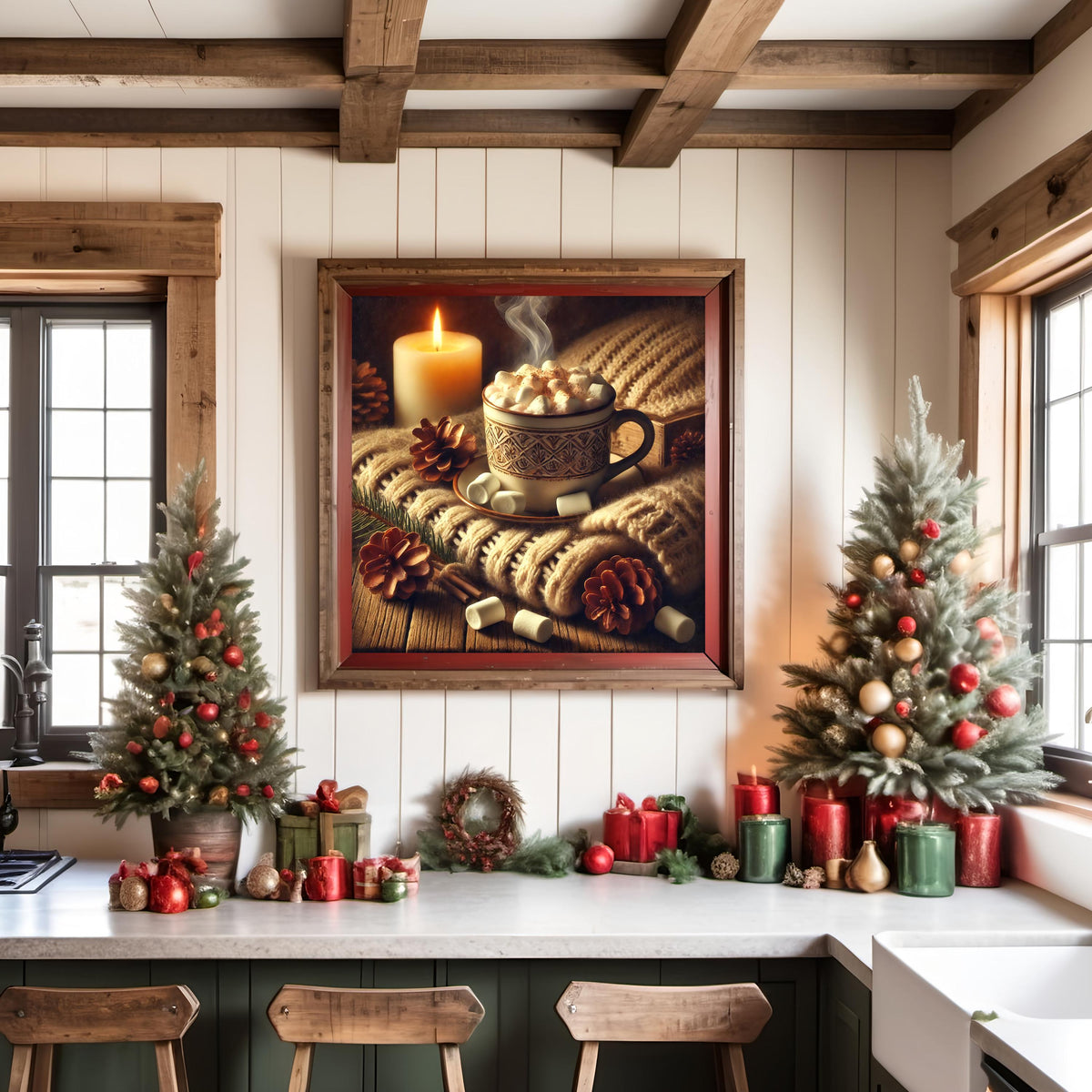 Vintage Hot Cocoa Winter Print: Knitted Blanket, Candle Painting (Digital Download)