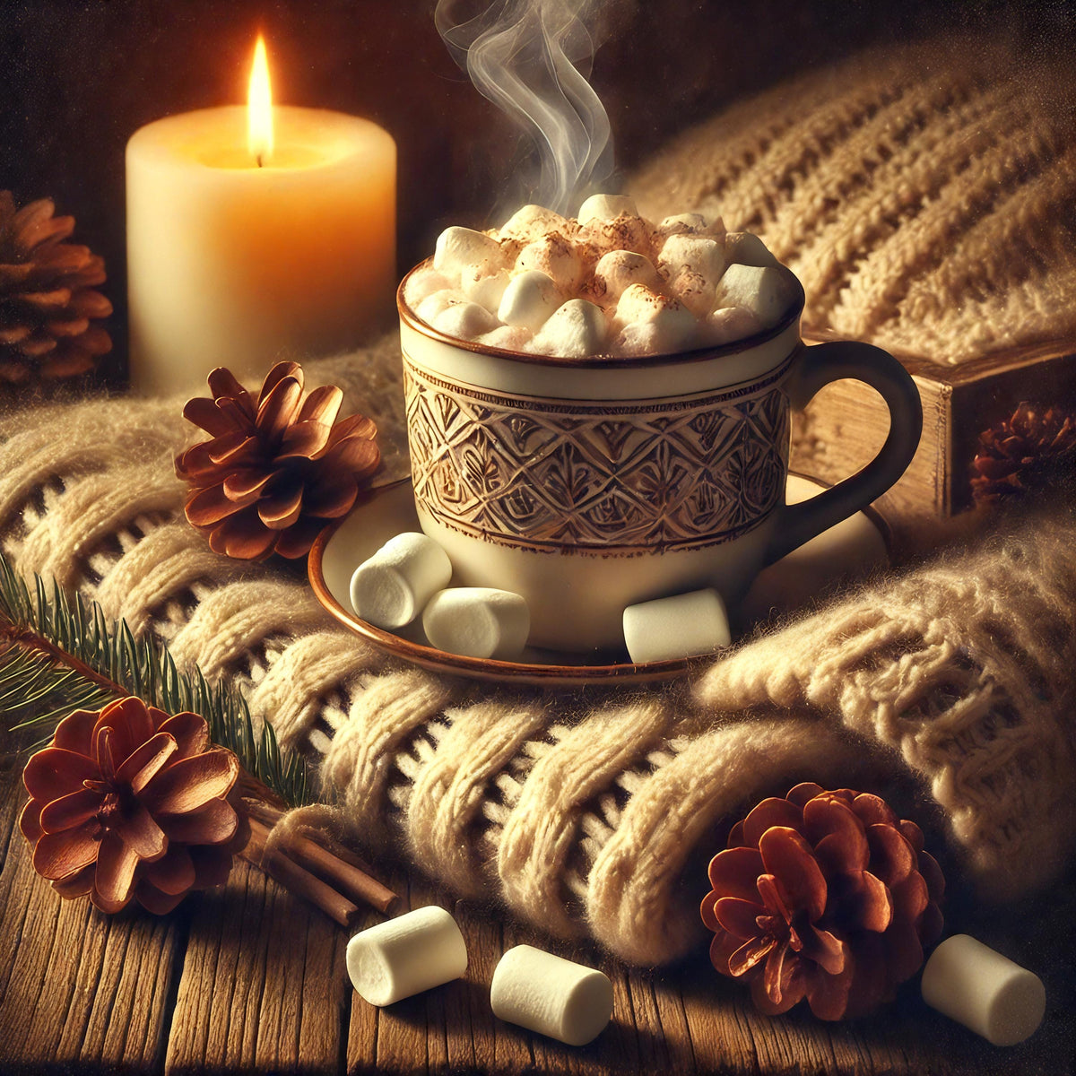 Vintage Hot Cocoa Winter Print: Knitted Blanket, Candle Painting (Digital Download)