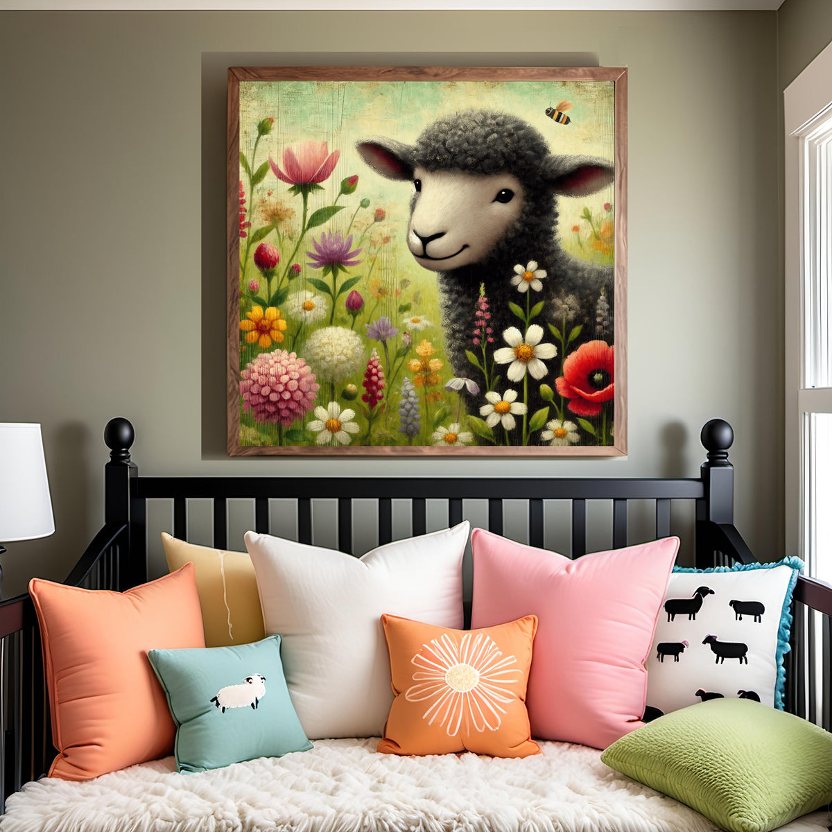 Whimsical Sheep Nursery Print: Vintage Floral Wall Art (Digital Download 4096x4096px)