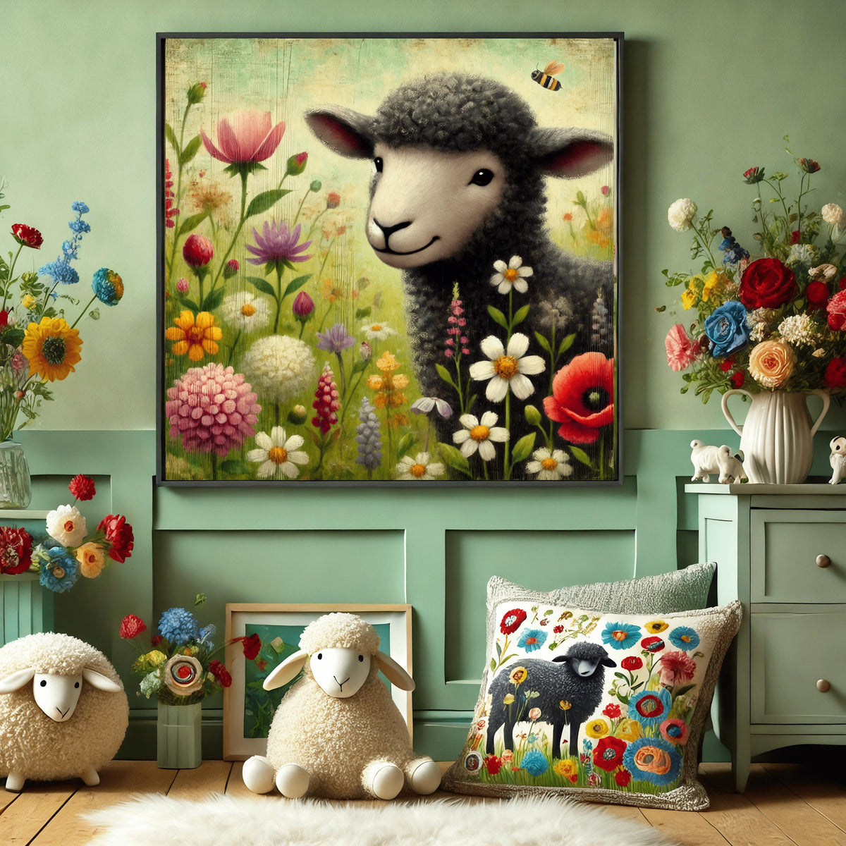 Whimsical Sheep Nursery Print: Vintage Floral Wall Art (Digital Download 4096x4096px)
