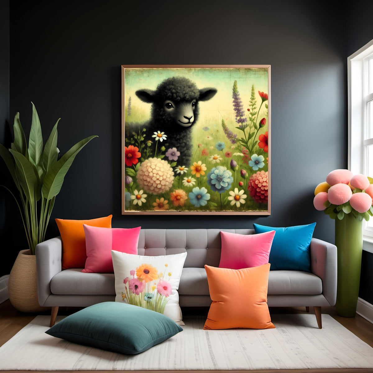 Whimsical Rainbow Sheep Nursery Print: Vintage Floral Wall Art (Digital Download