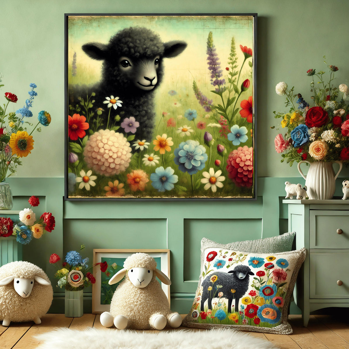 Whimsical Rainbow Sheep Nursery Print: Vintage Floral Wall Art (Digital Download