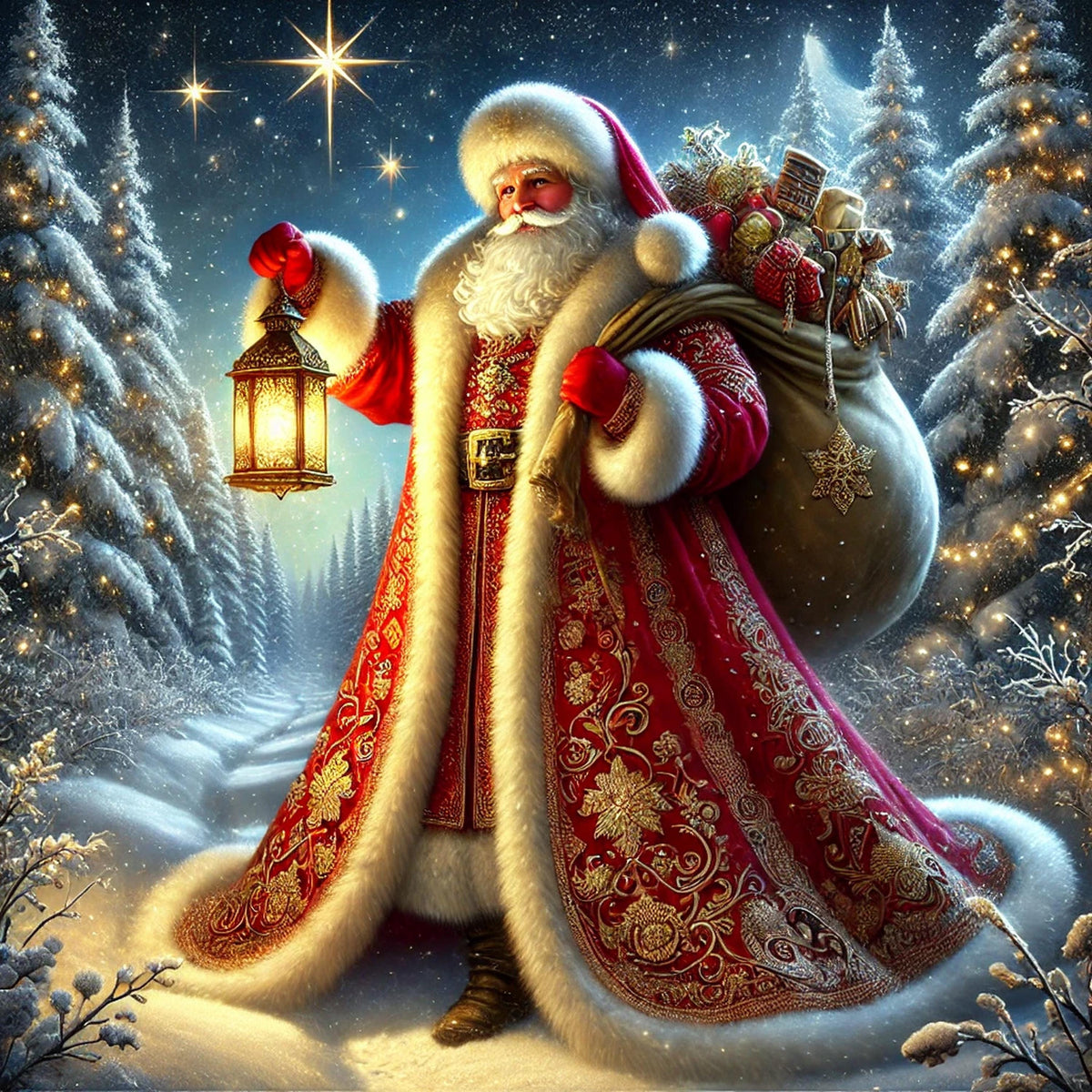 Santa With Lantern Art: Snowy Forest Christmas Decor (Digital Download)