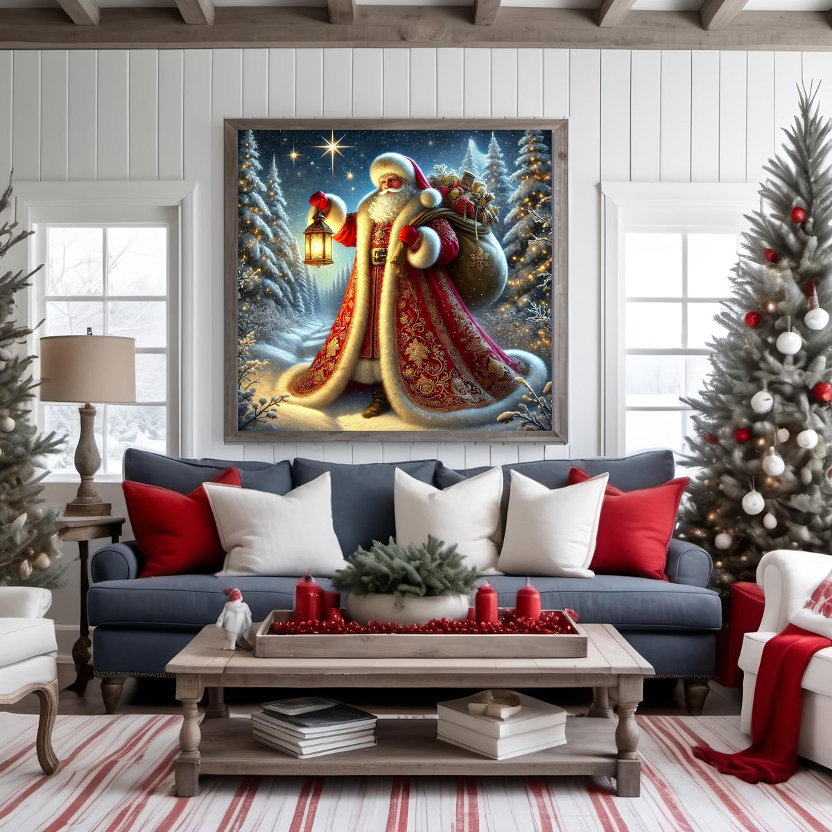 Santa With Lantern Art: Snowy Forest Christmas Decor (Digital Download)