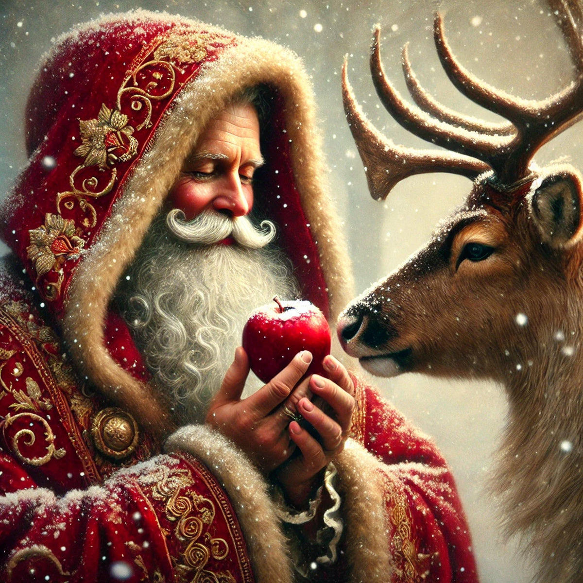 Santa Feeding Reindeer Vintage Christmas Art (Digital Download)