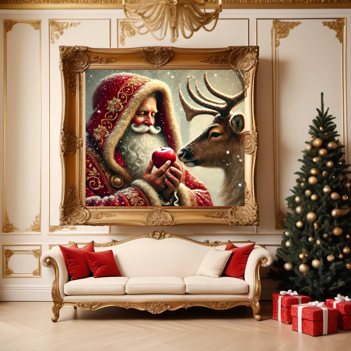 Santa Feeding Reindeer Vintage Christmas Art (Digital Download)
