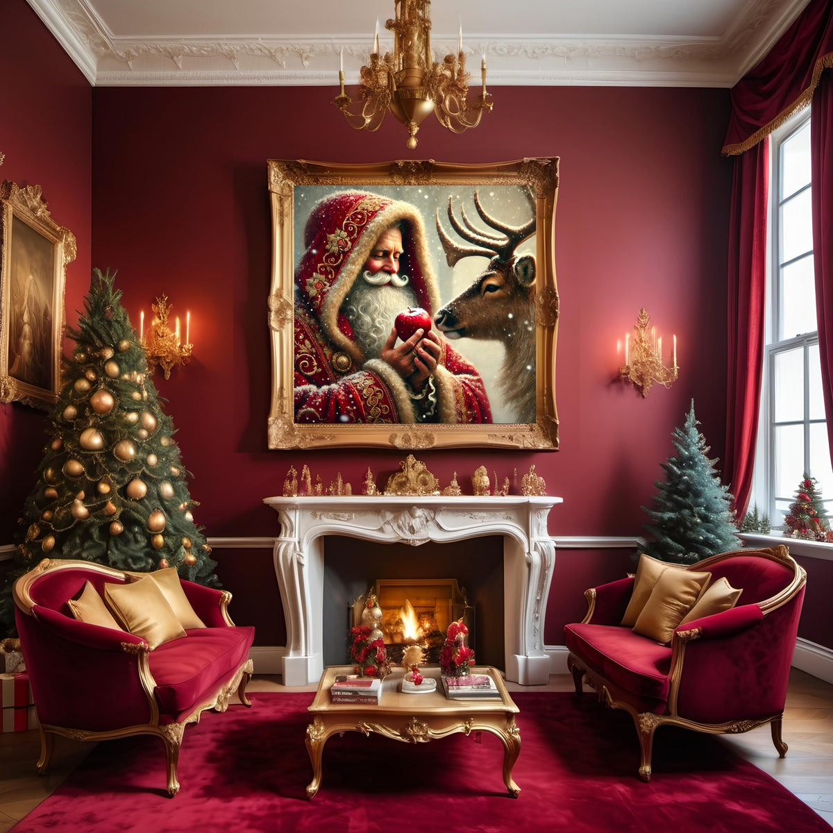 Santa Feeding Reindeer Vintage Christmas Art (Digital Download)