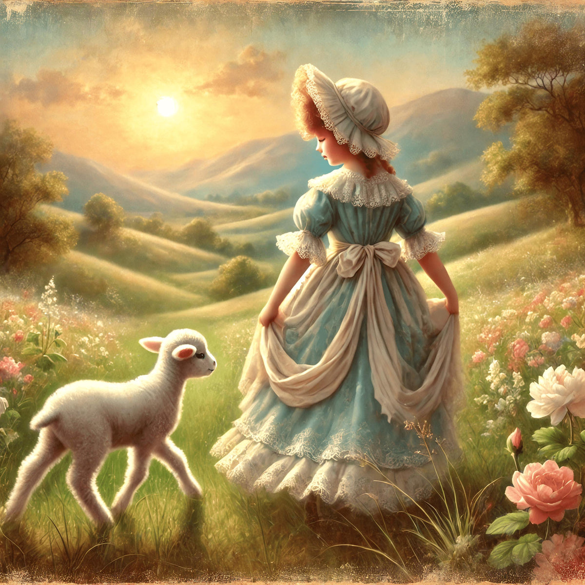 Vintage Girl and Lamb Art Print: Pastoral Nursery Decor (Digital Download)