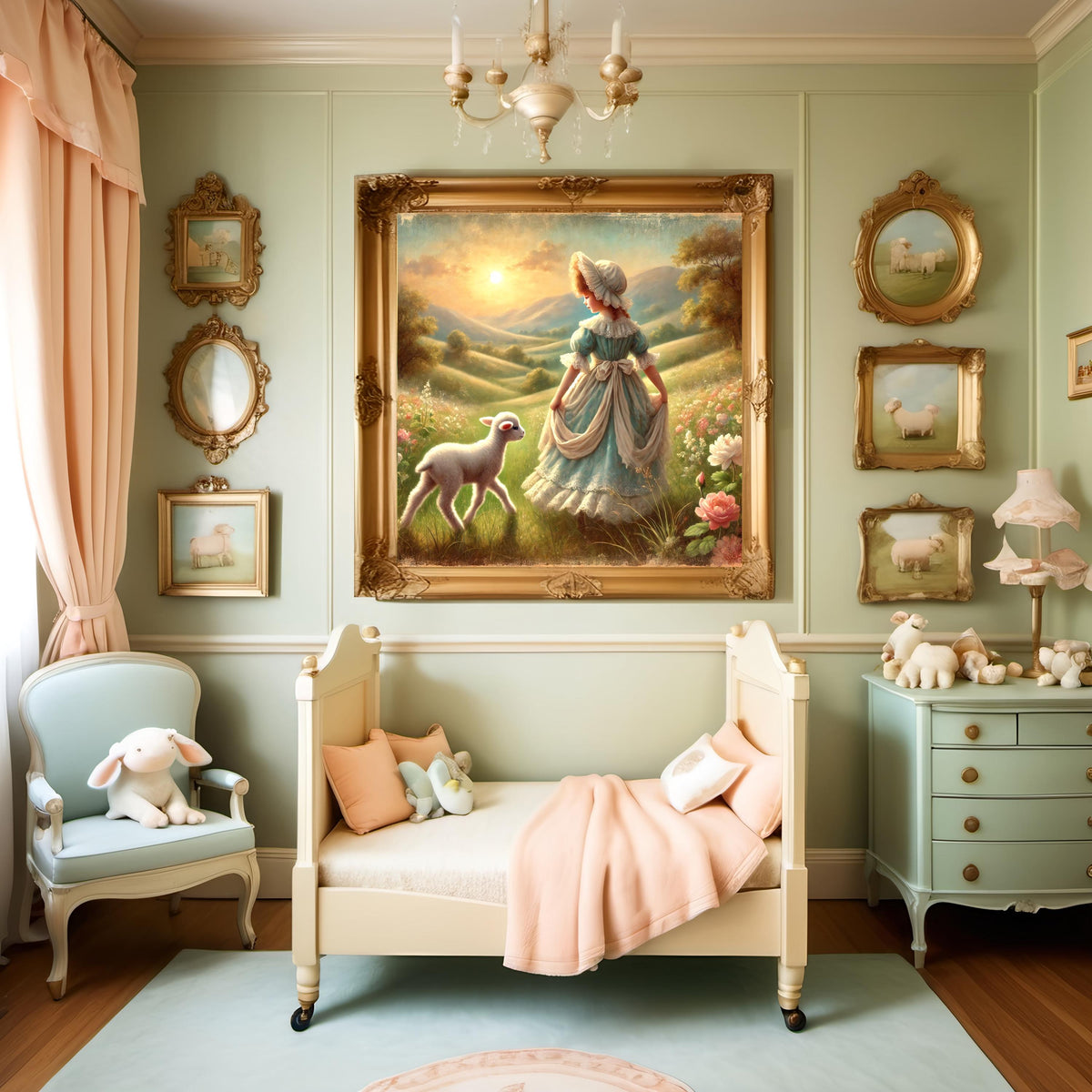 Vintage Girl and Lamb Art Print: Pastoral Nursery Decor (Digital Download)
