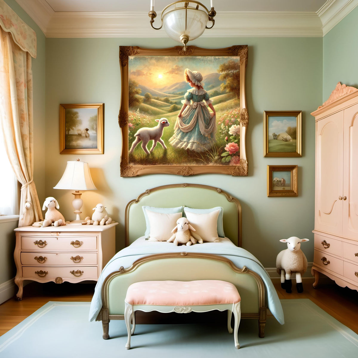 Vintage Girl and Lamb Art Print: Pastoral Nursery Decor (Digital Download)
