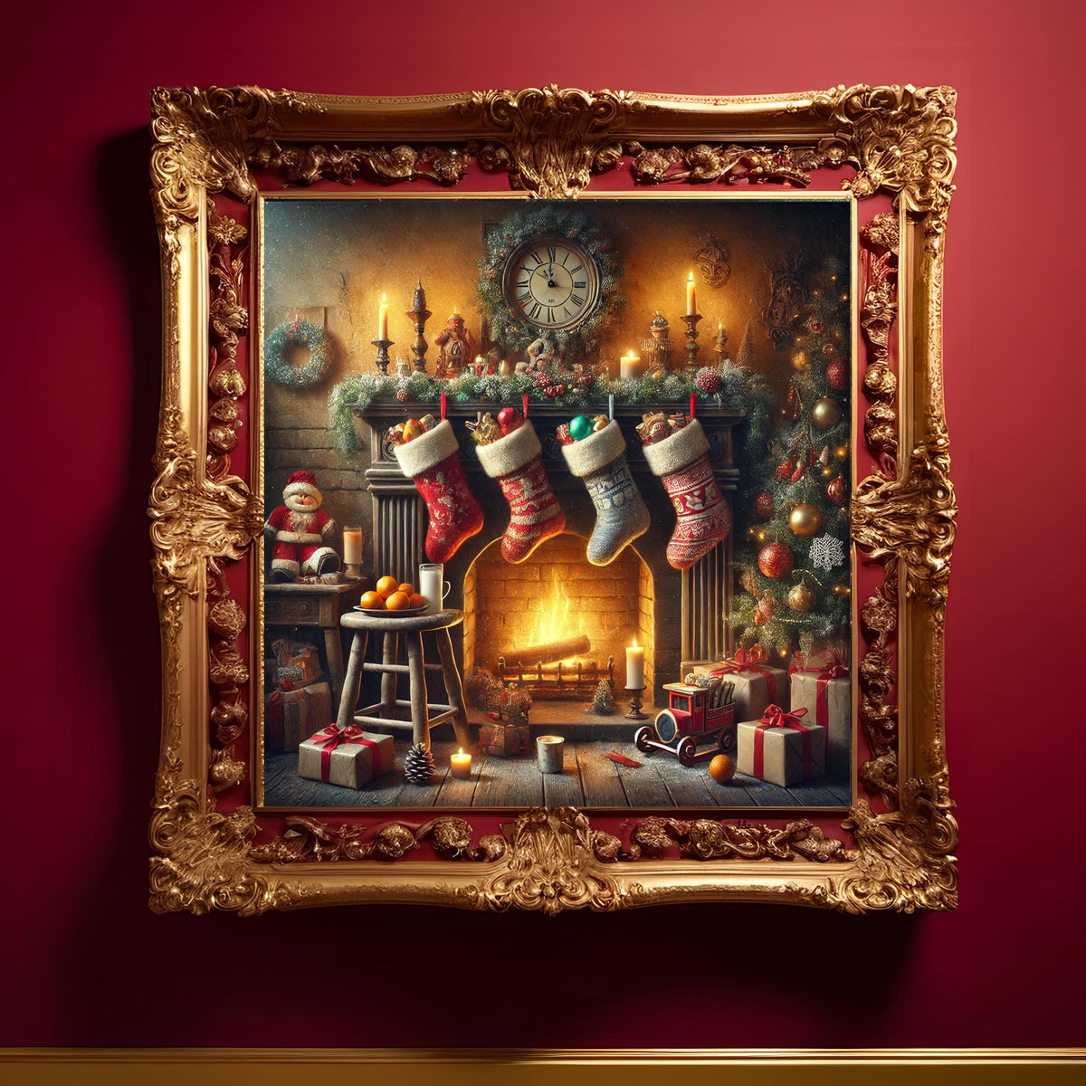 Vintage Christmas Fireplace Scene: Stockings Hung with Care (Digital Download)