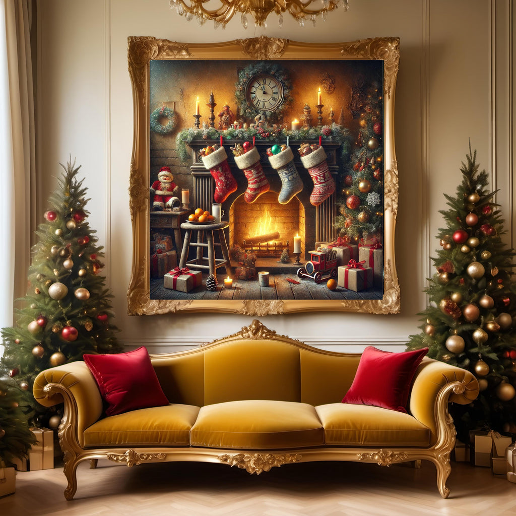 Vintage Christmas Fireplace Scene: Stockings Hung with Care (Digital Download)