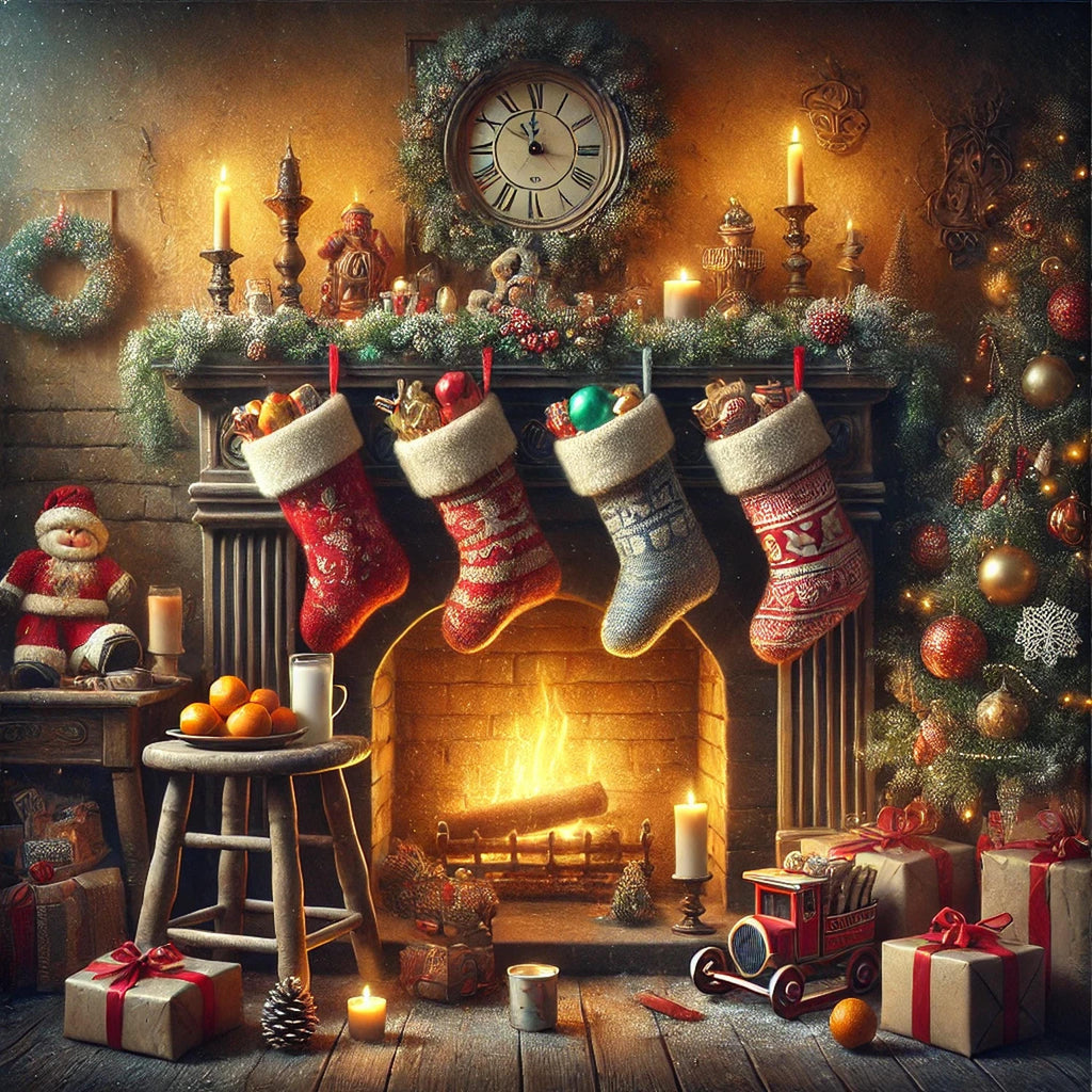 Vintage Christmas Fireplace Scene: Stockings Hung with Care (Digital Download)
