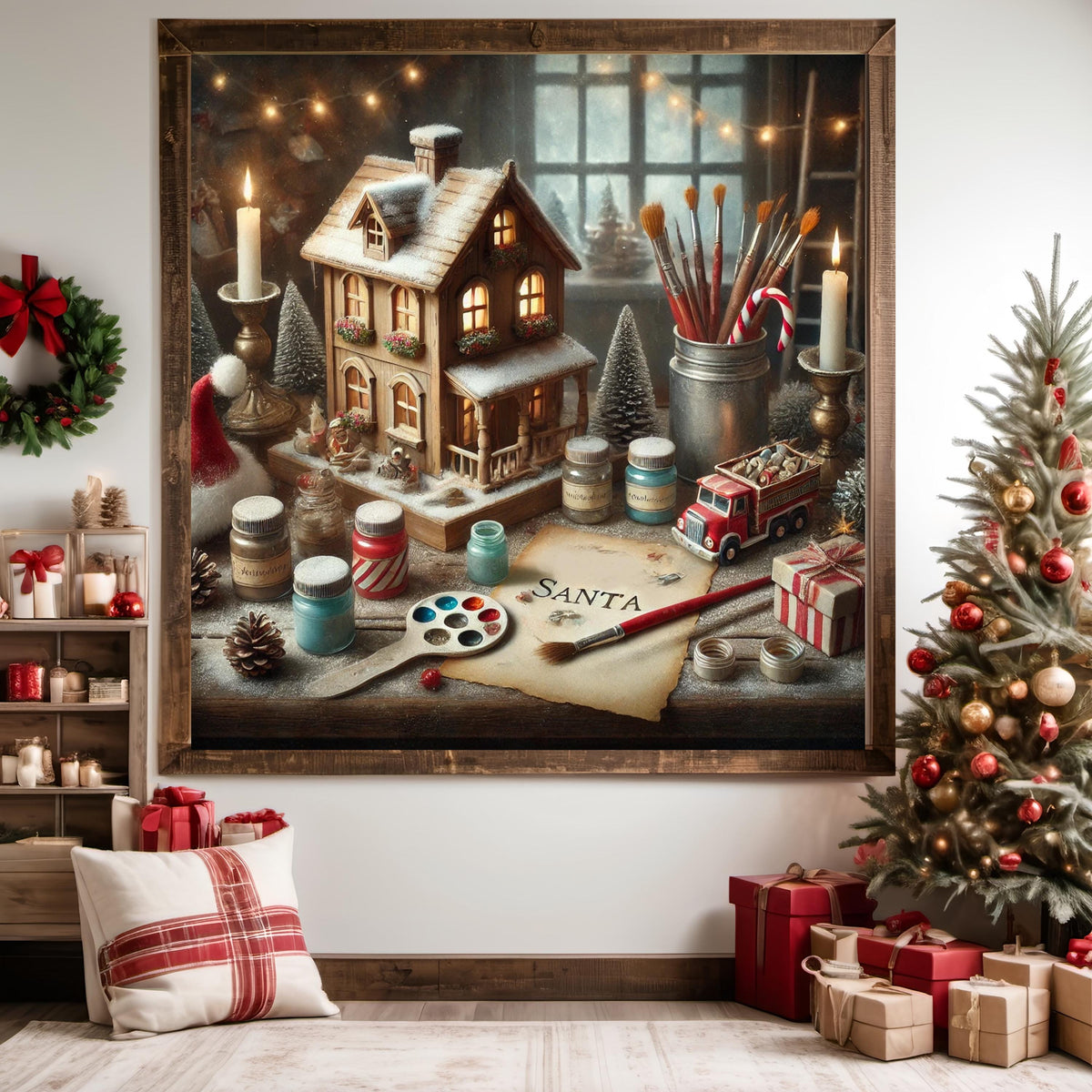 Santa's Workshop Still Life: Vintage Christmas Dollhouse Scene (Digital Print)