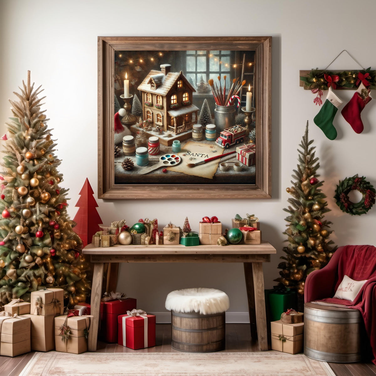 Santa's Workshop Still Life: Vintage Christmas Dollhouse Scene (Digital Print)