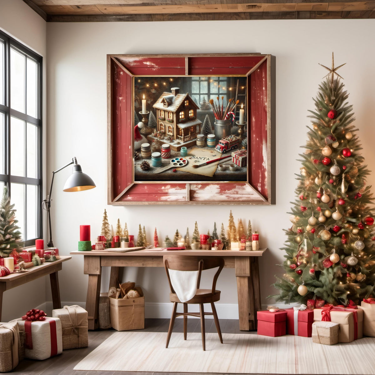 Santa's Workshop Still Life: Vintage Christmas Dollhouse Scene (Digital Print)