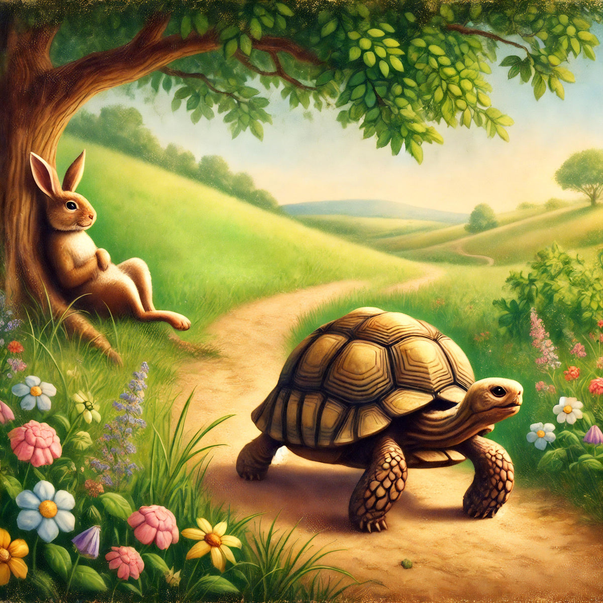 Tortoise and Hare Storybook Art: Whimsical Nursery Print (Digital Download)