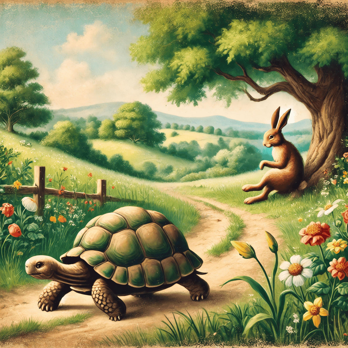 Tortoise and Hare Vintage Storybook Art: Whimsical Nursery Print (Digital Download)