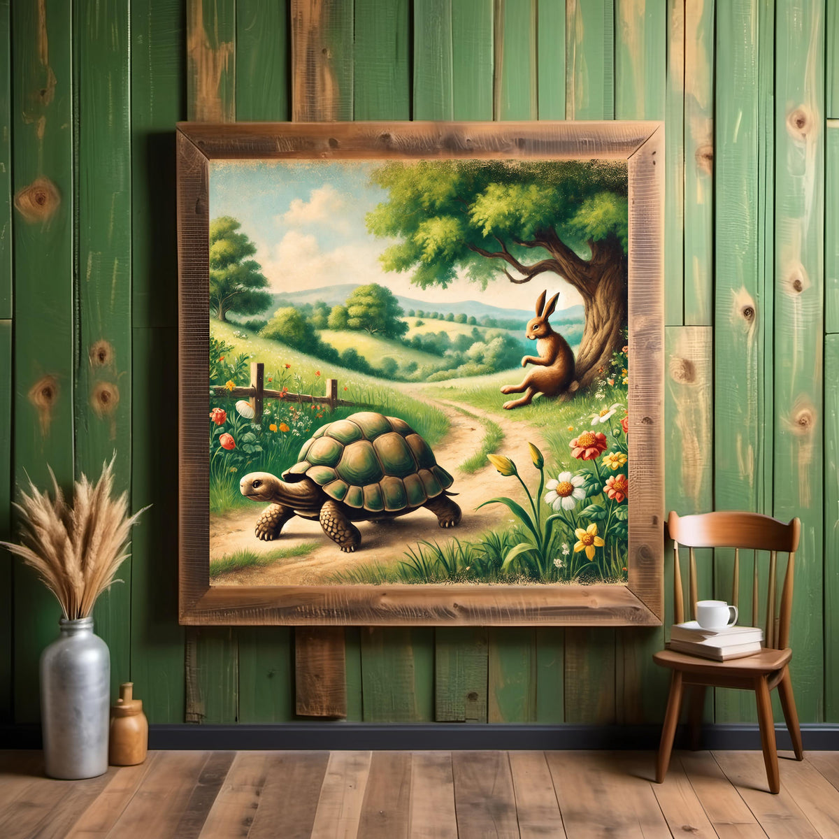 Tortoise and Hare Vintage Storybook Art: Whimsical Nursery Print (Digital Download)
