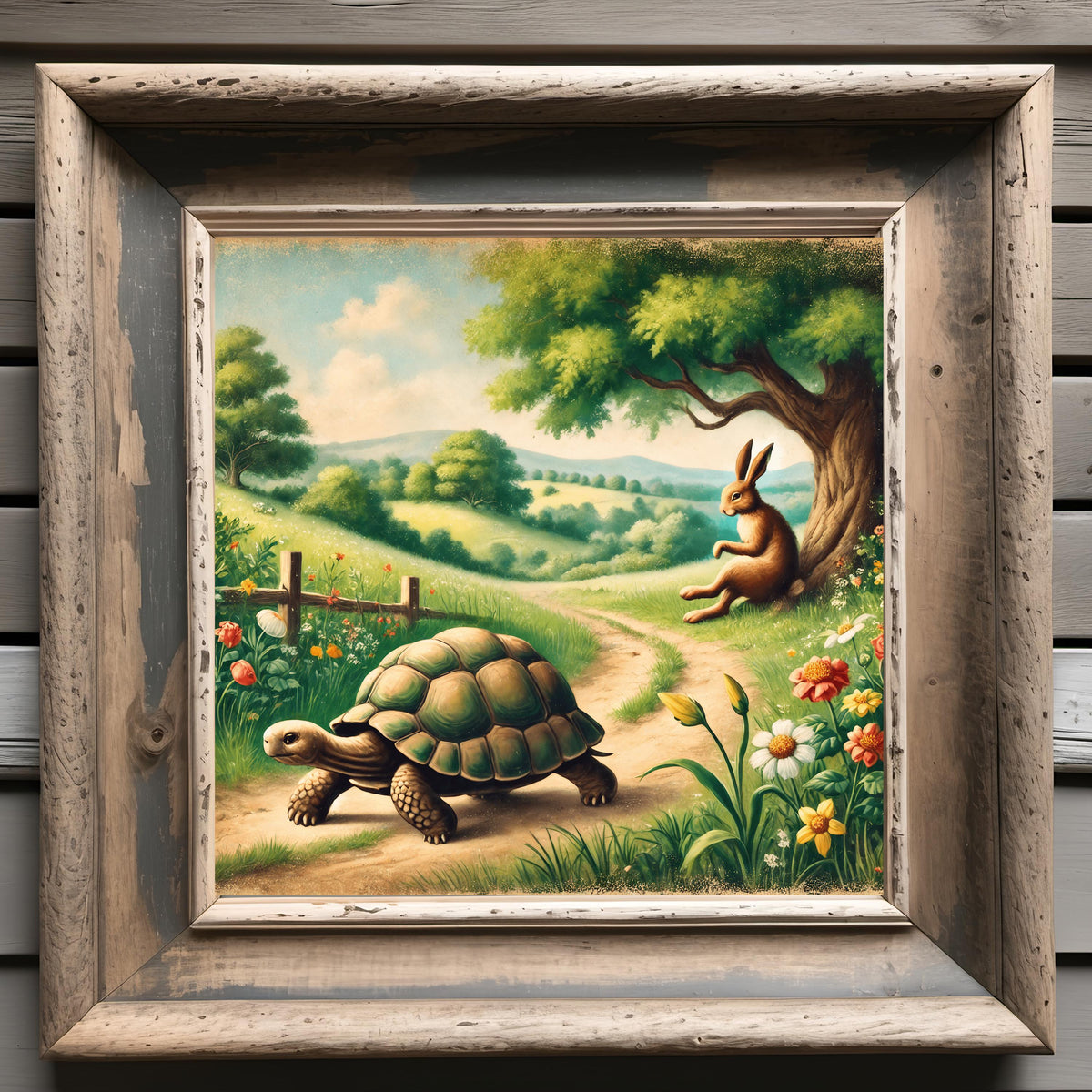 Tortoise and Hare Vintage Storybook Art: Whimsical Nursery Print (Digital Download)