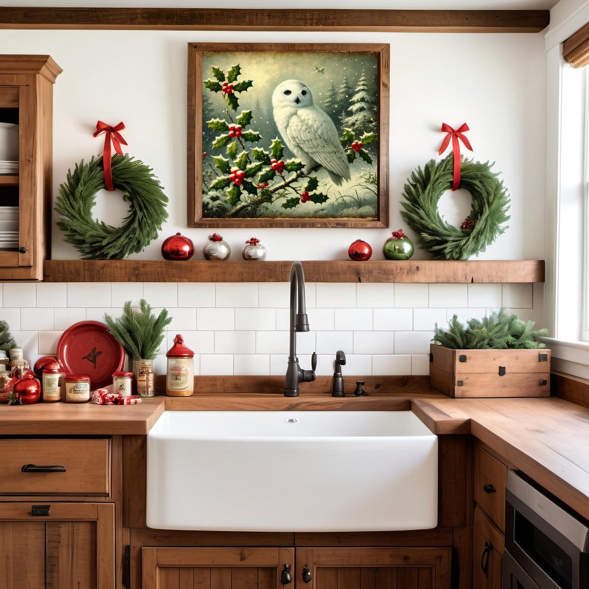 Vintage Snowy Owl Christmas Print: Holly Branch Winter Wall Art (Digital Download)