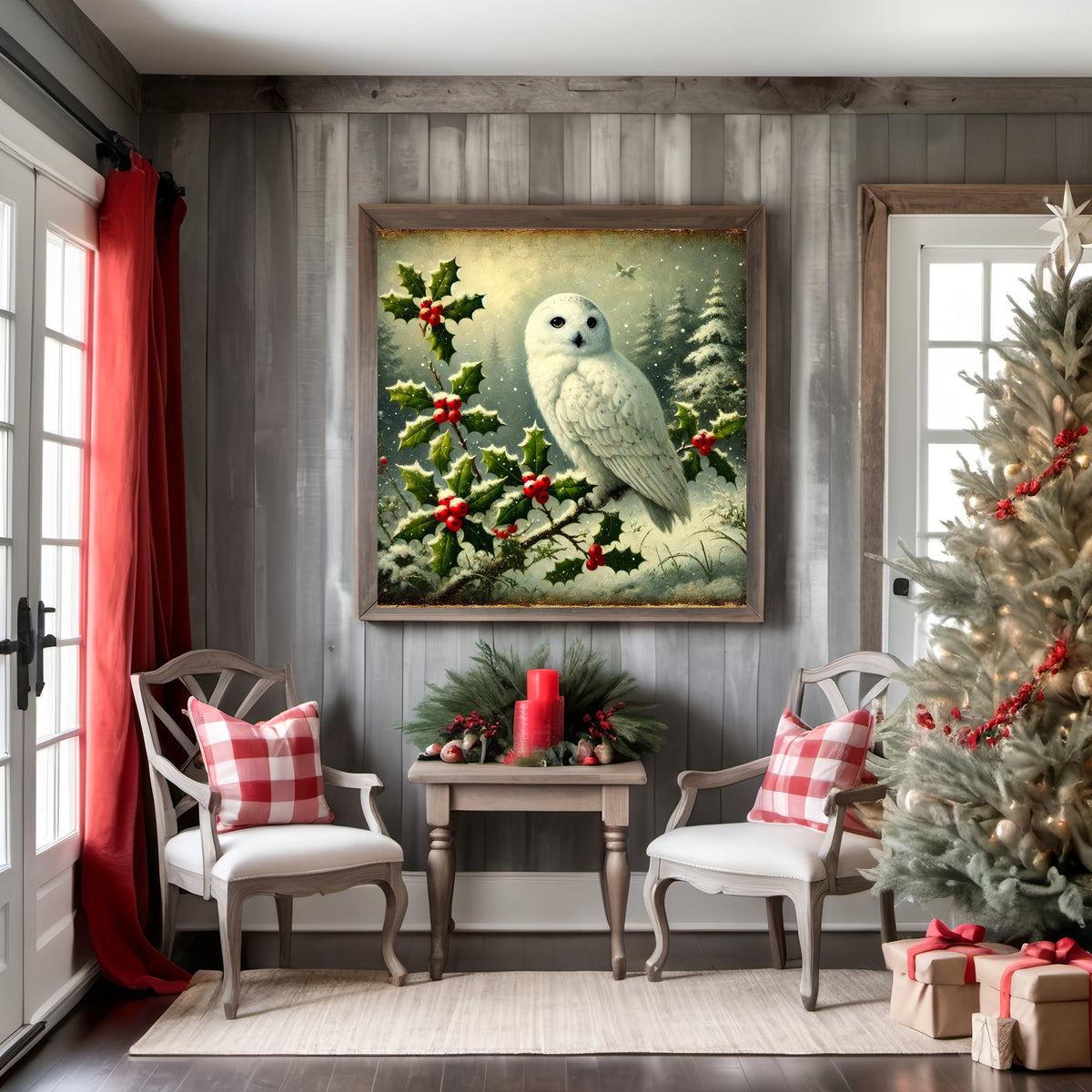 Vintage Snowy Owl Christmas Print: Holly Branch Winter Wall Art (Digital Download)