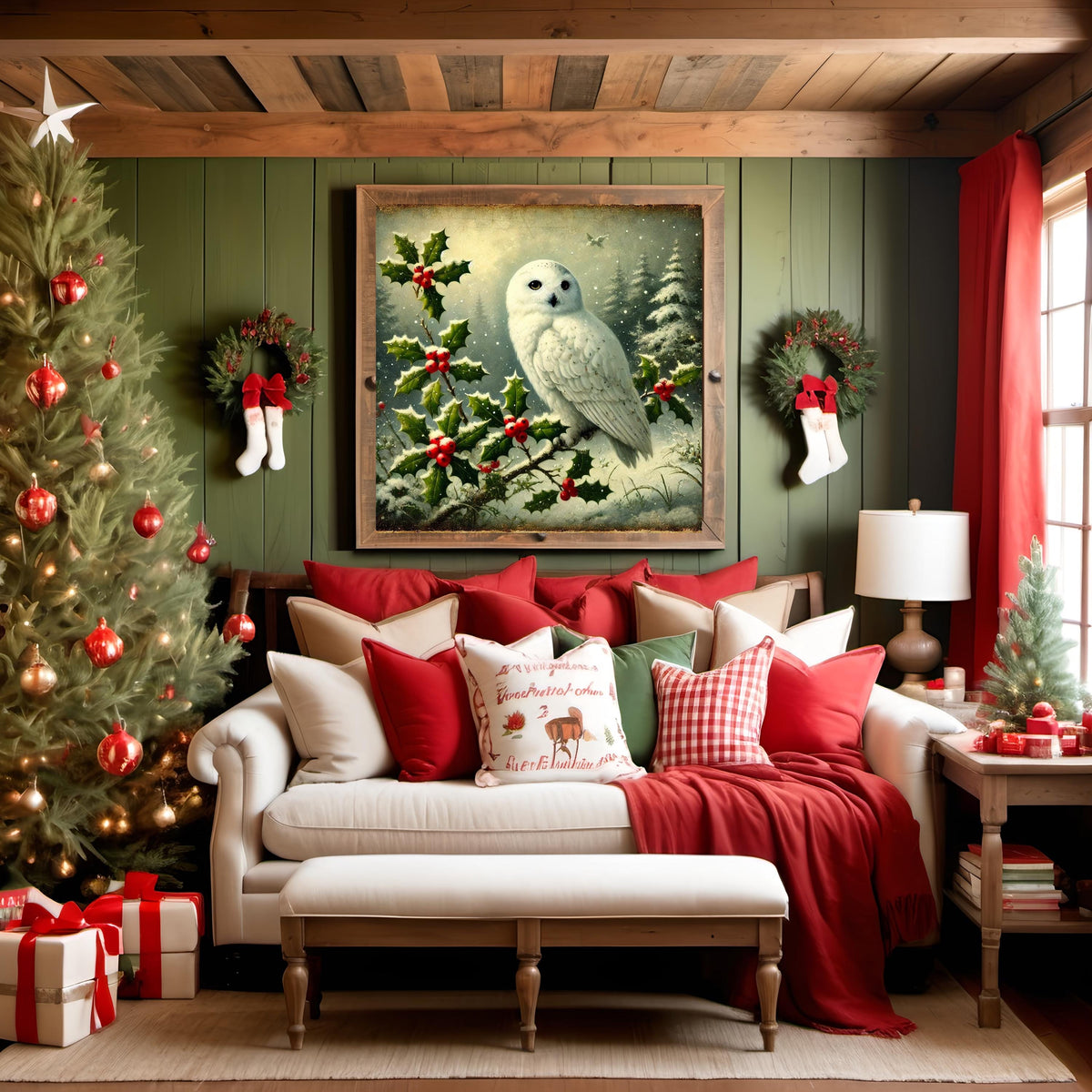 Vintage Snowy Owl Christmas Print: Holly Branch Winter Wall Art (Digital Download)