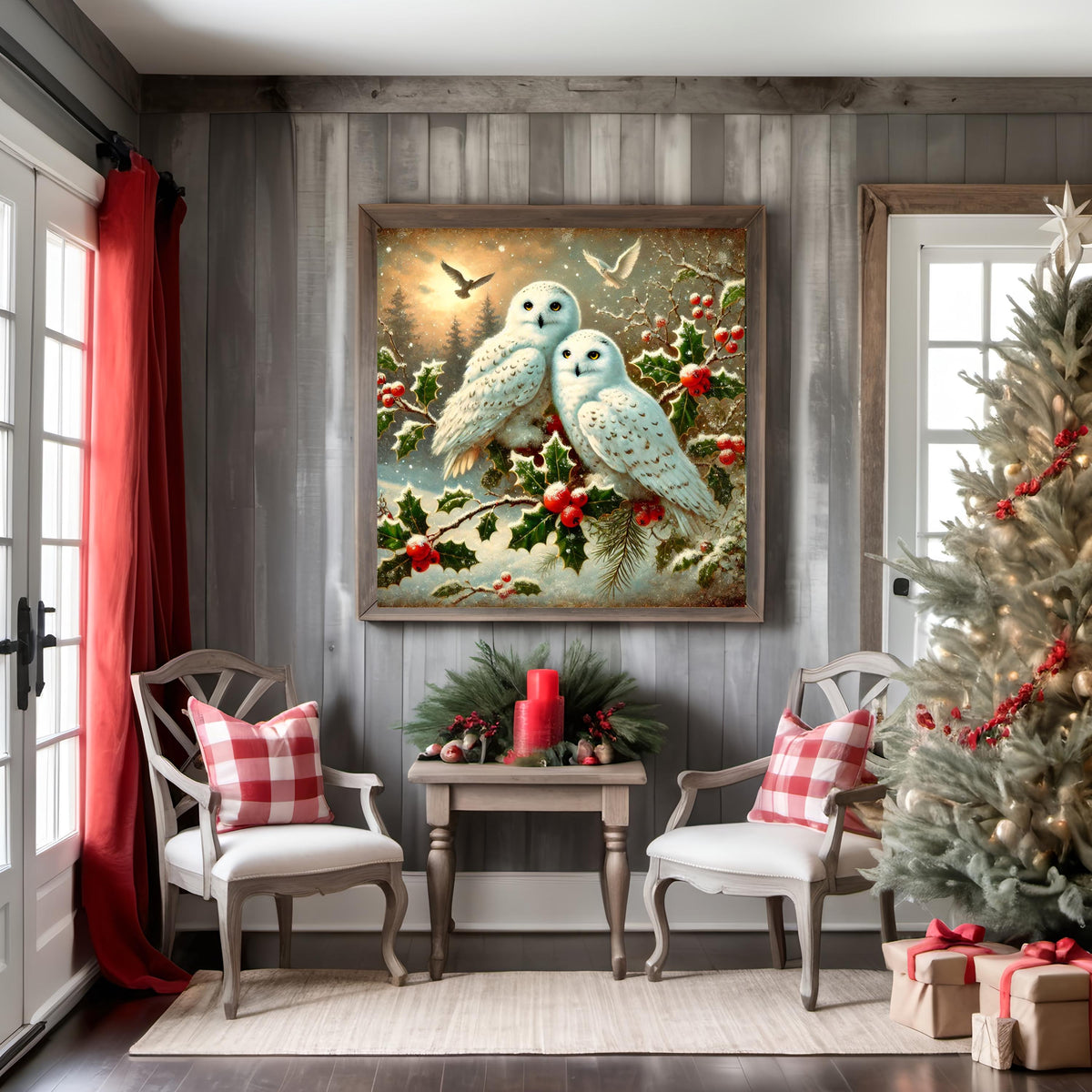 Vintage Snowy Owl Christmas Print: Holly Branch Holiday Art (Digital Download)