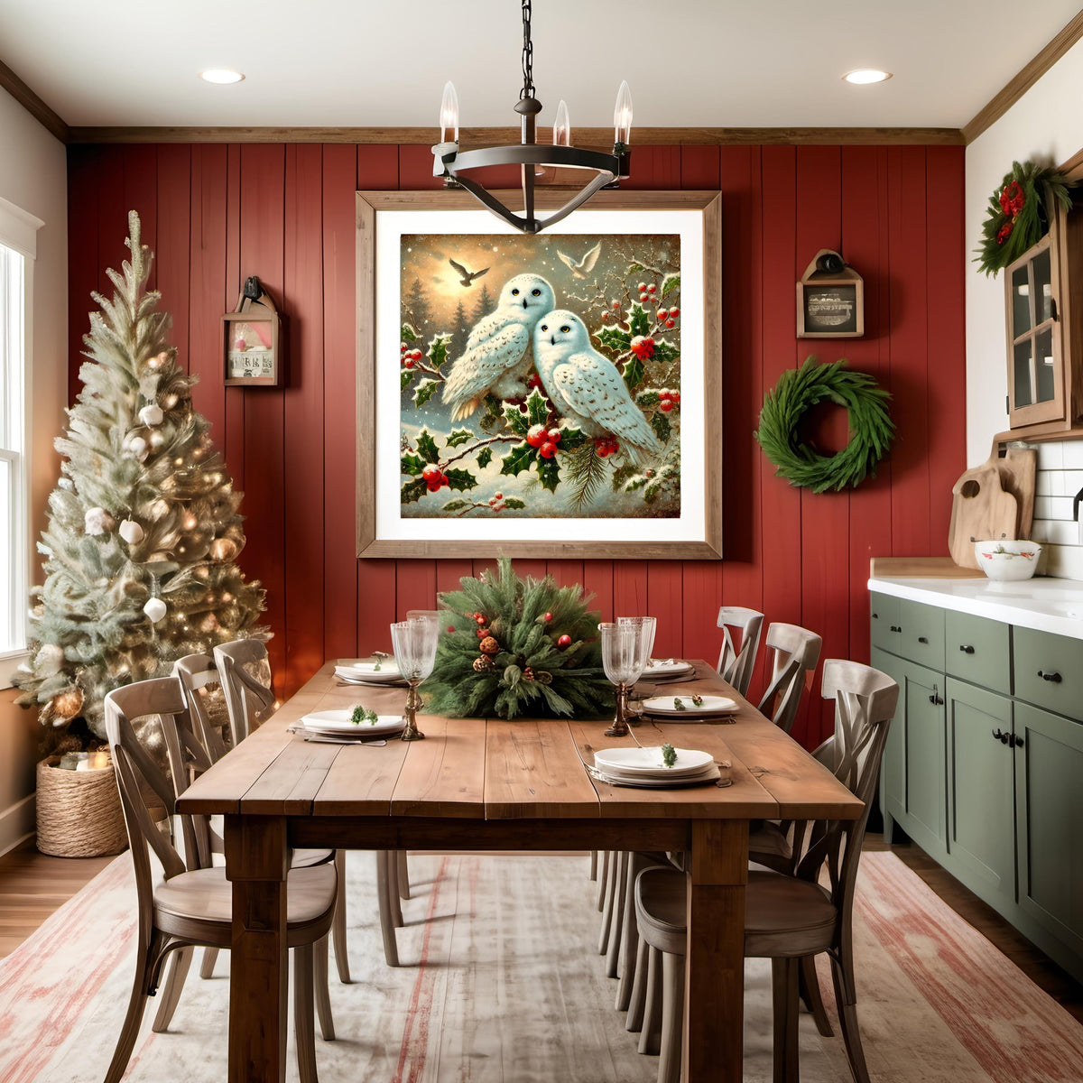 Vintage Snowy Owl Christmas Print: Holly Branch Holiday Art (Digital Download)