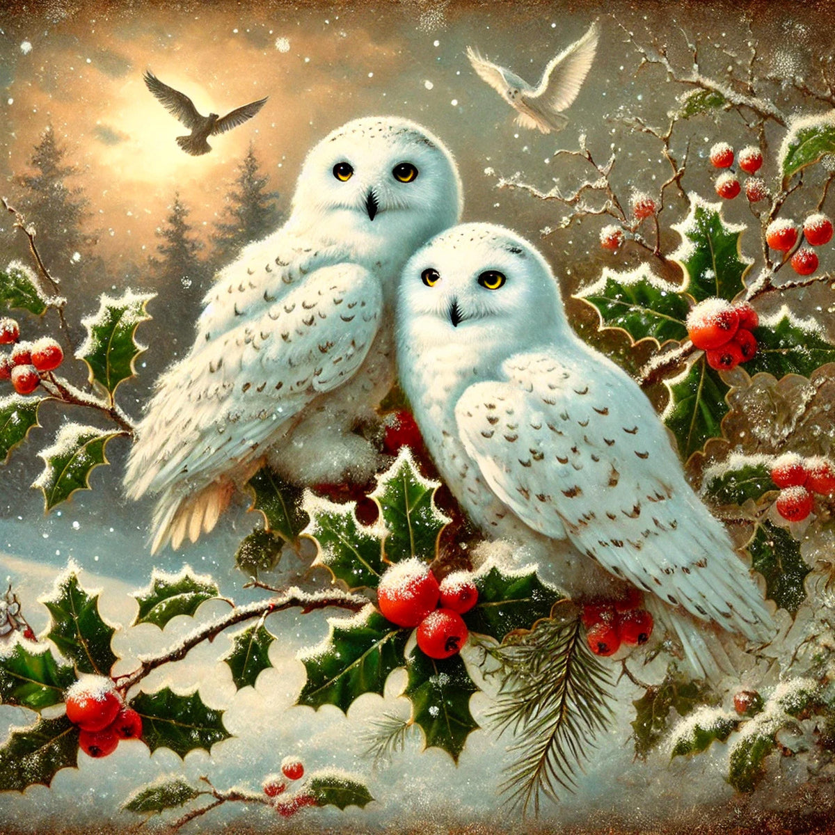Vintage Snowy Owl Christmas Print: Holly Branch Holiday Art (Digital Download)