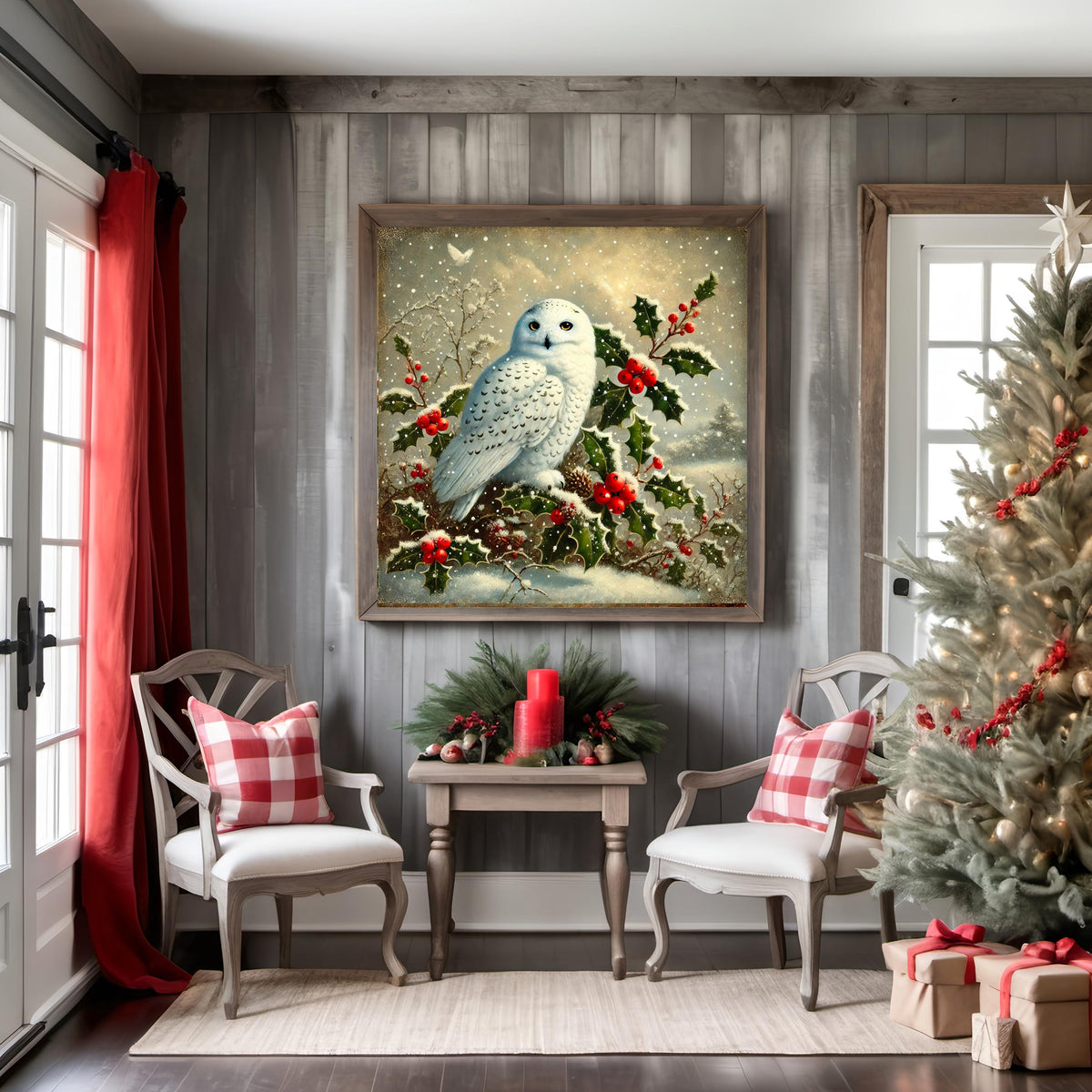 Vintage Snowy Owl Christmas Print: Holly Berry Holiday Art (Digital Download)