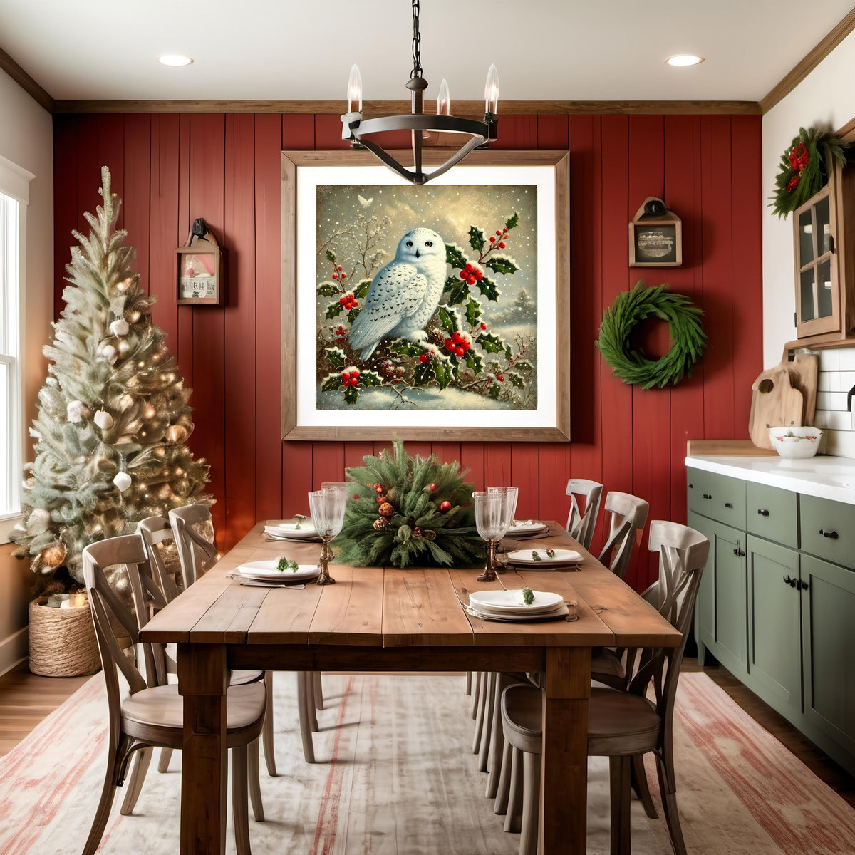 Vintage Snowy Owl Christmas Print: Holly Berry Holiday Art (Digital Download)