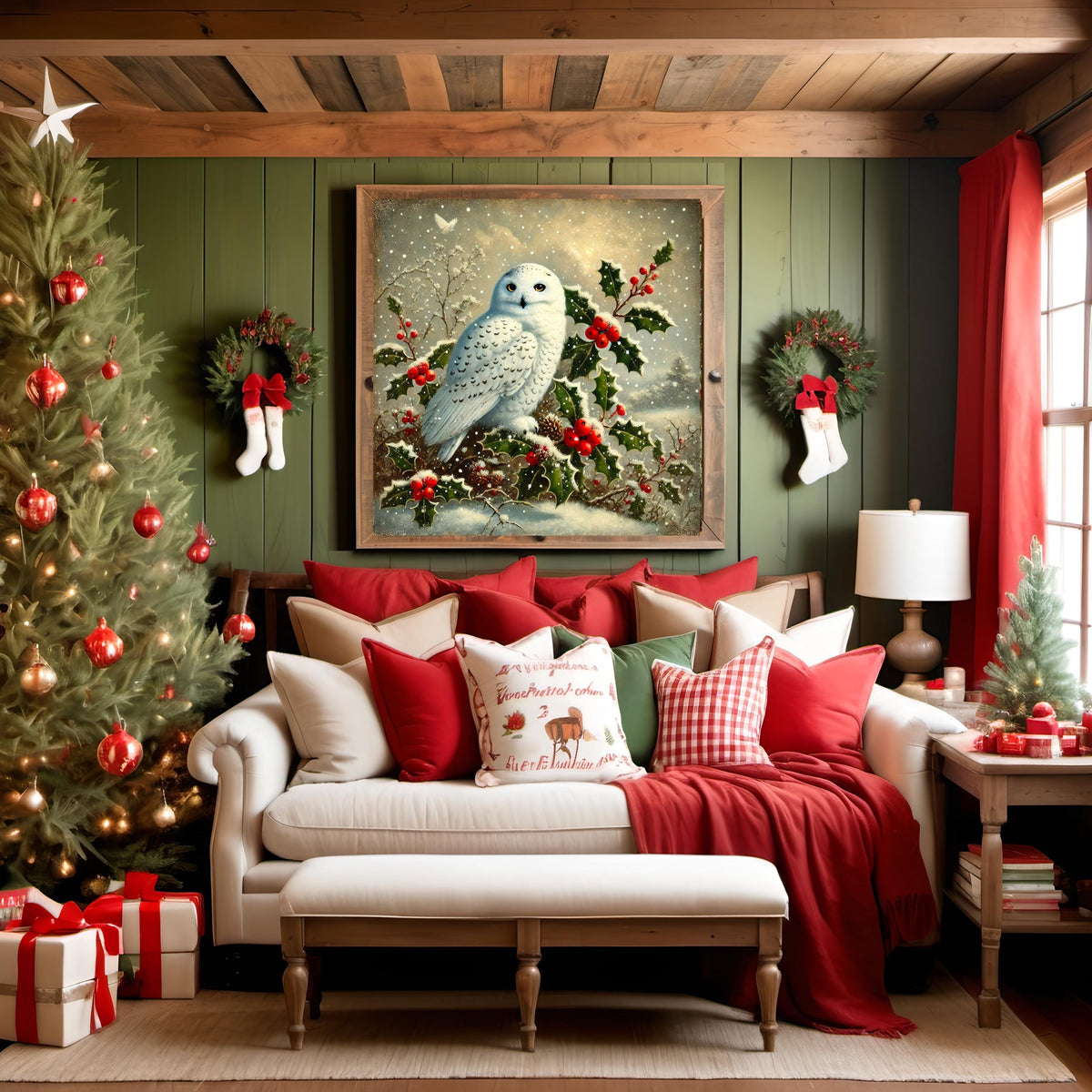 Vintage Snowy Owl Christmas Print: Holly Berry Holiday Art (Digital Download)