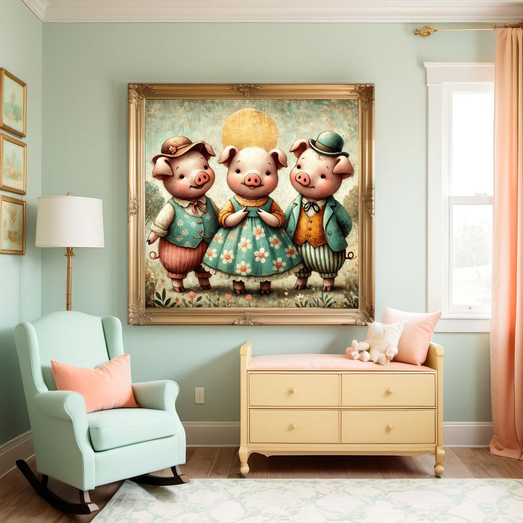 Three Little Pigs Vintage Print: Whimsical Nursery Rhyme Art (Digital Download)