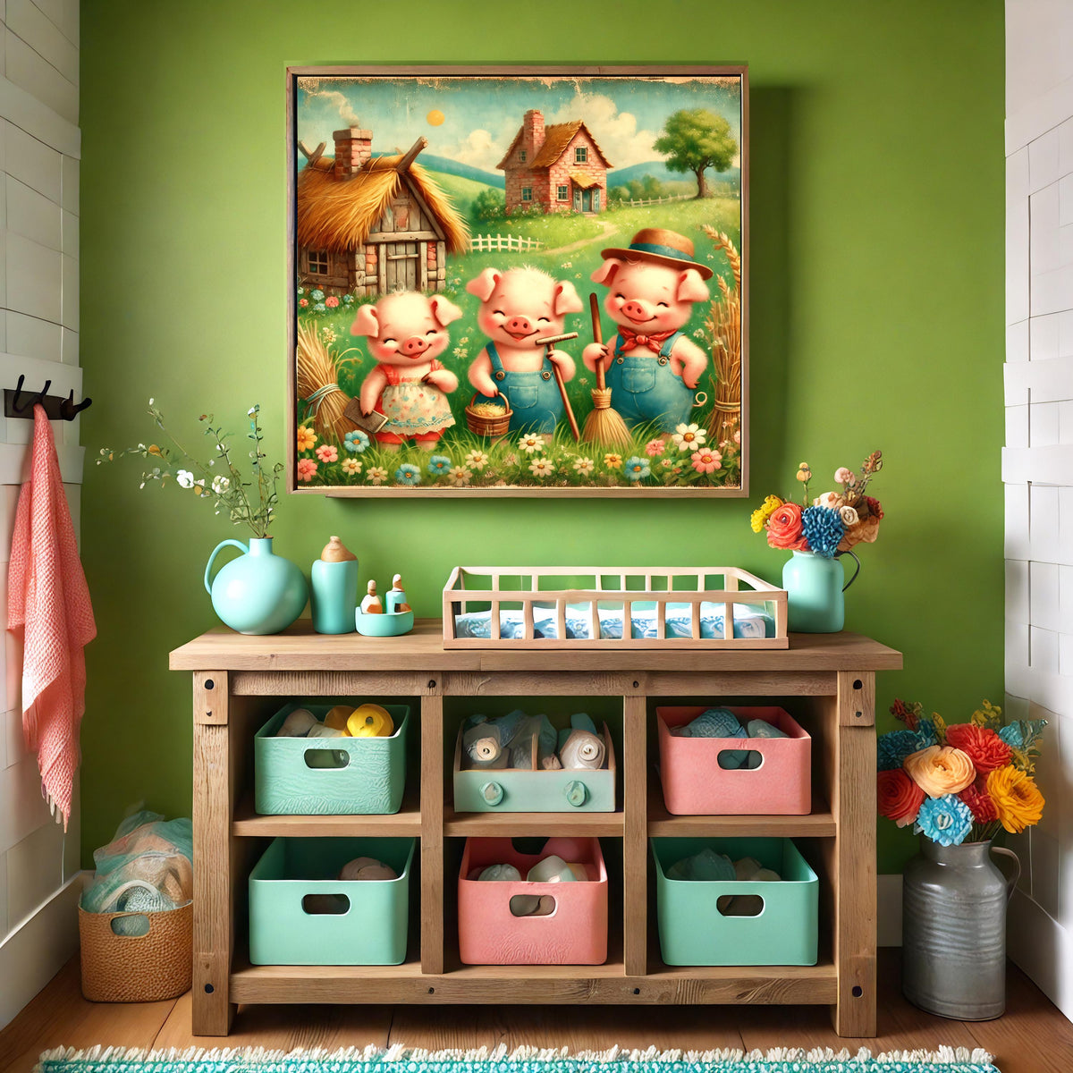 Three Little Pigs Vintage Nursery Print: Storybook Wall Art (Digital Download)