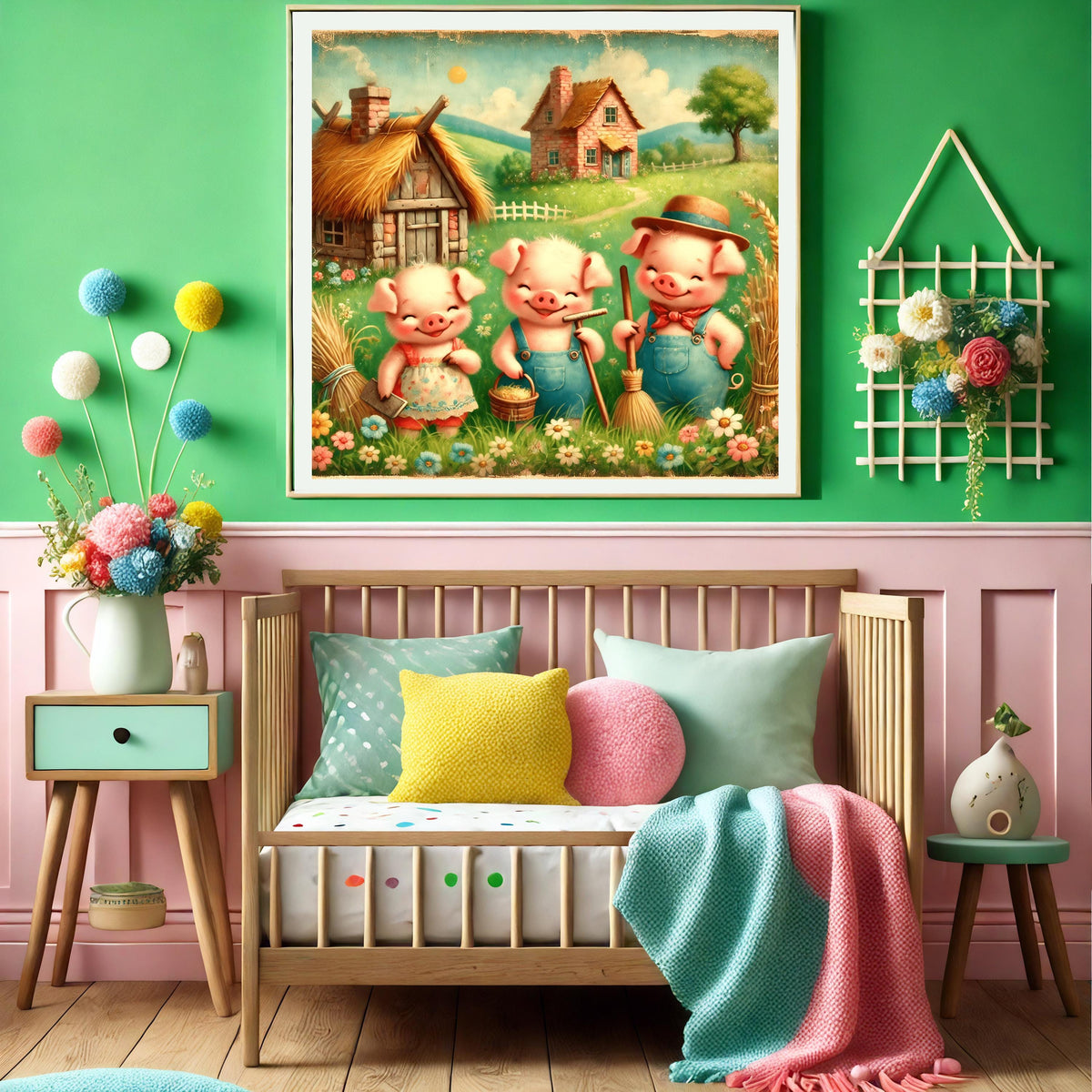 Three Little Pigs Vintage Nursery Print: Storybook Wall Art (Digital Download)