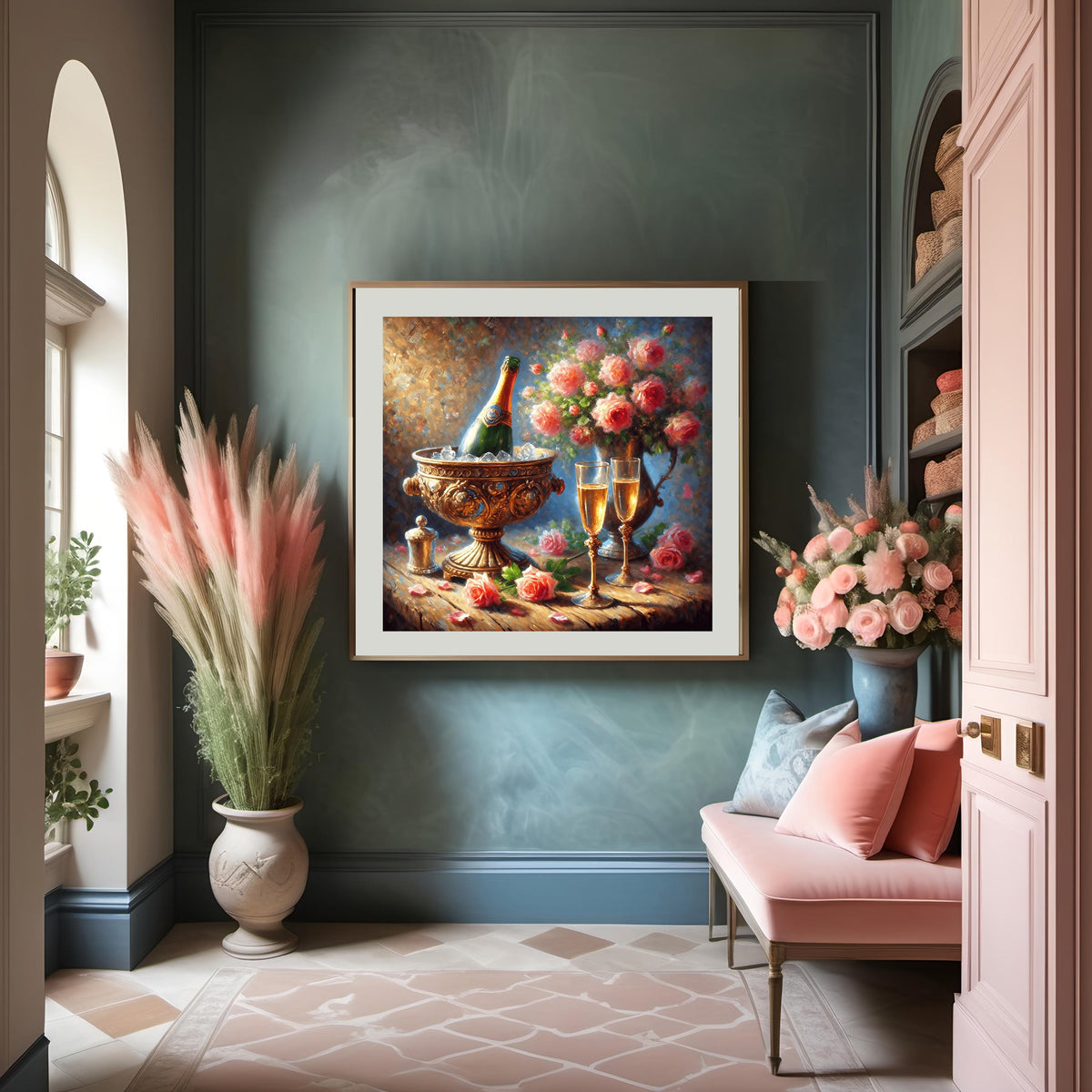 Champagne and Roses Still Life Art Print: Romantic Valentines Decor (Digital Download)