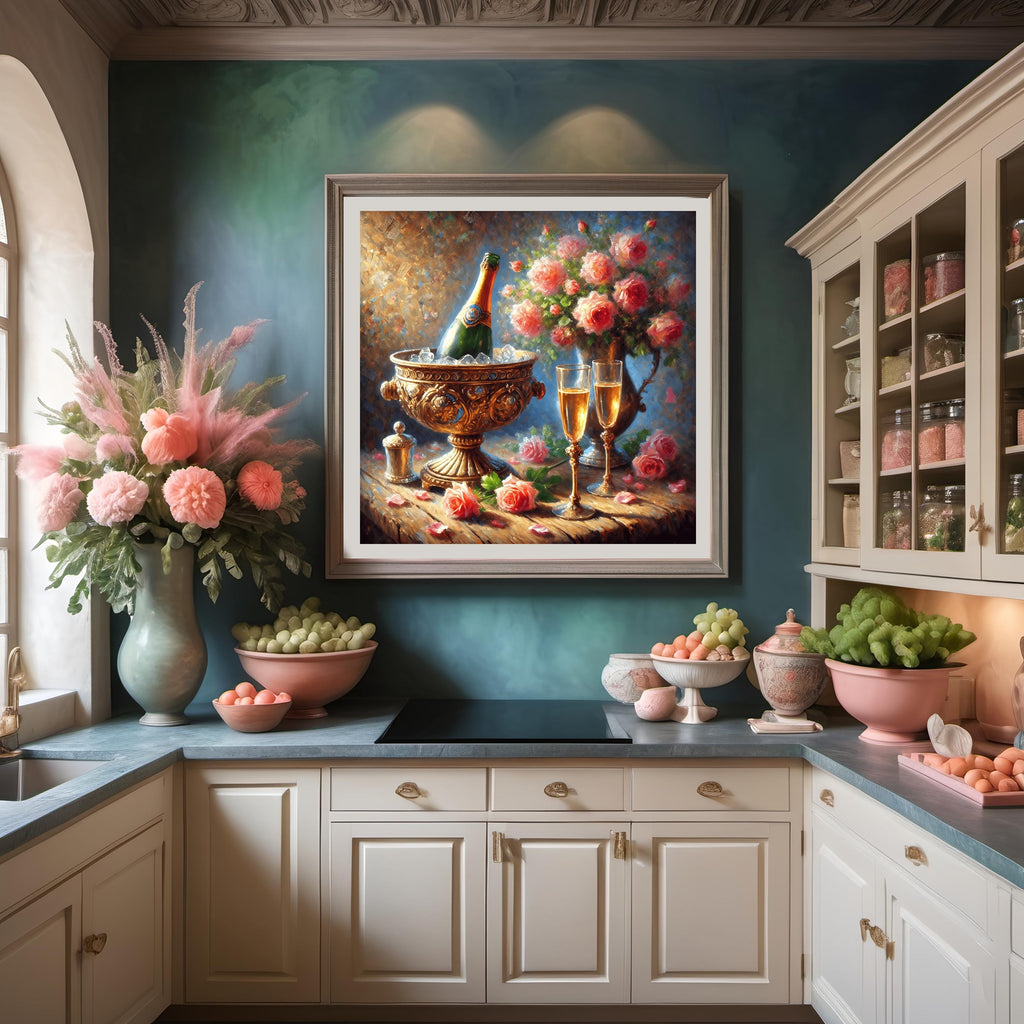 Champagne and Roses Still Life Art Print: Romantic Valentines Decor (Digital Download)