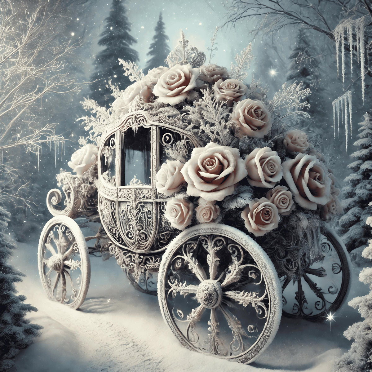 Winter Carriage with Roses Art Print: Romantic Fairytale Decor (Digital Download)