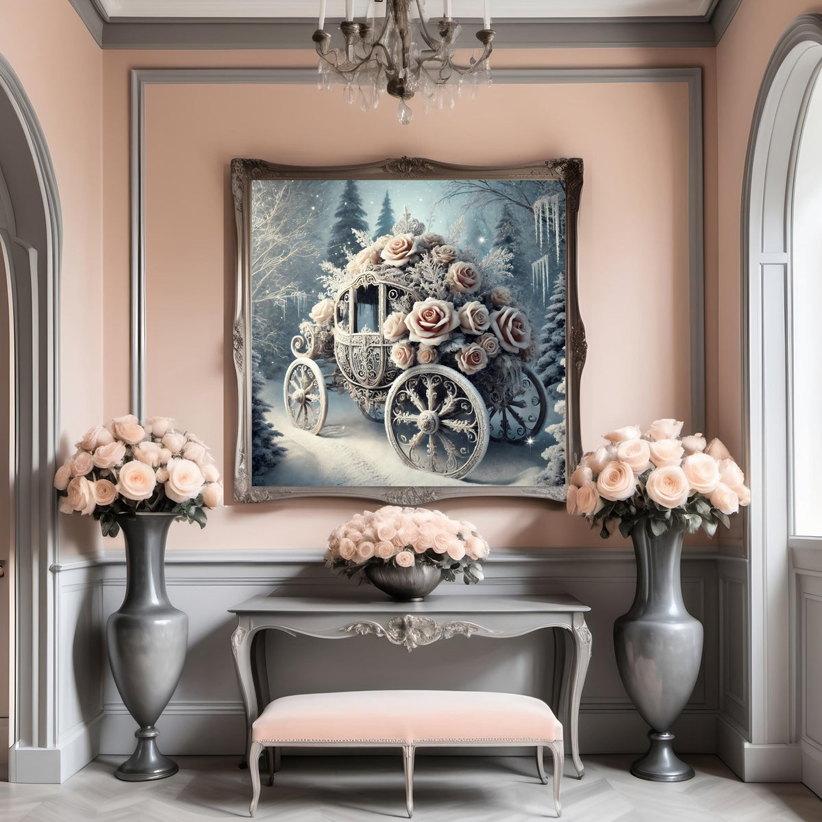 Winter Carriage with Roses Art Print: Romantic Fairytale Decor (Digital Download)