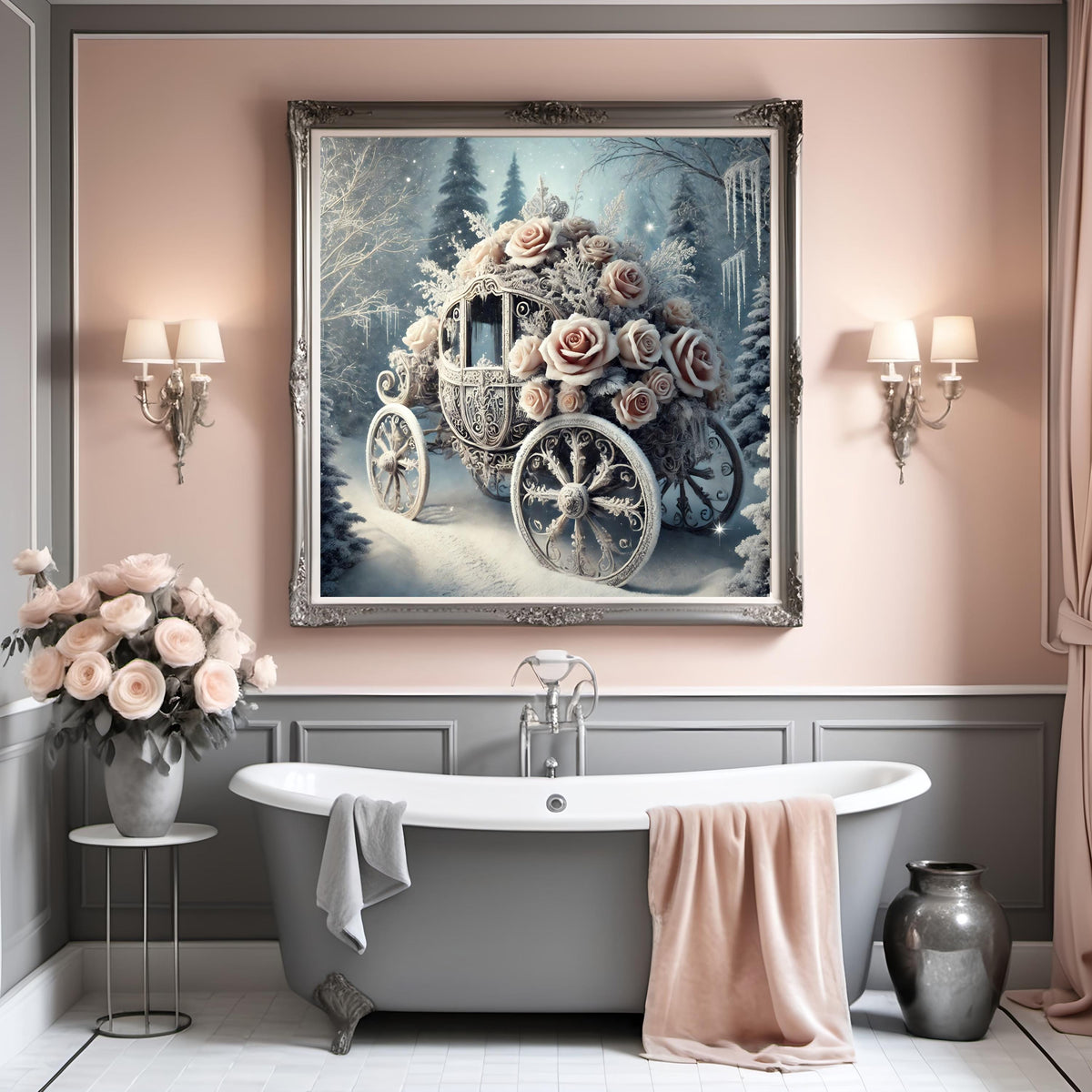 Winter Carriage with Roses Art Print: Romantic Fairytale Decor (Digital Download)