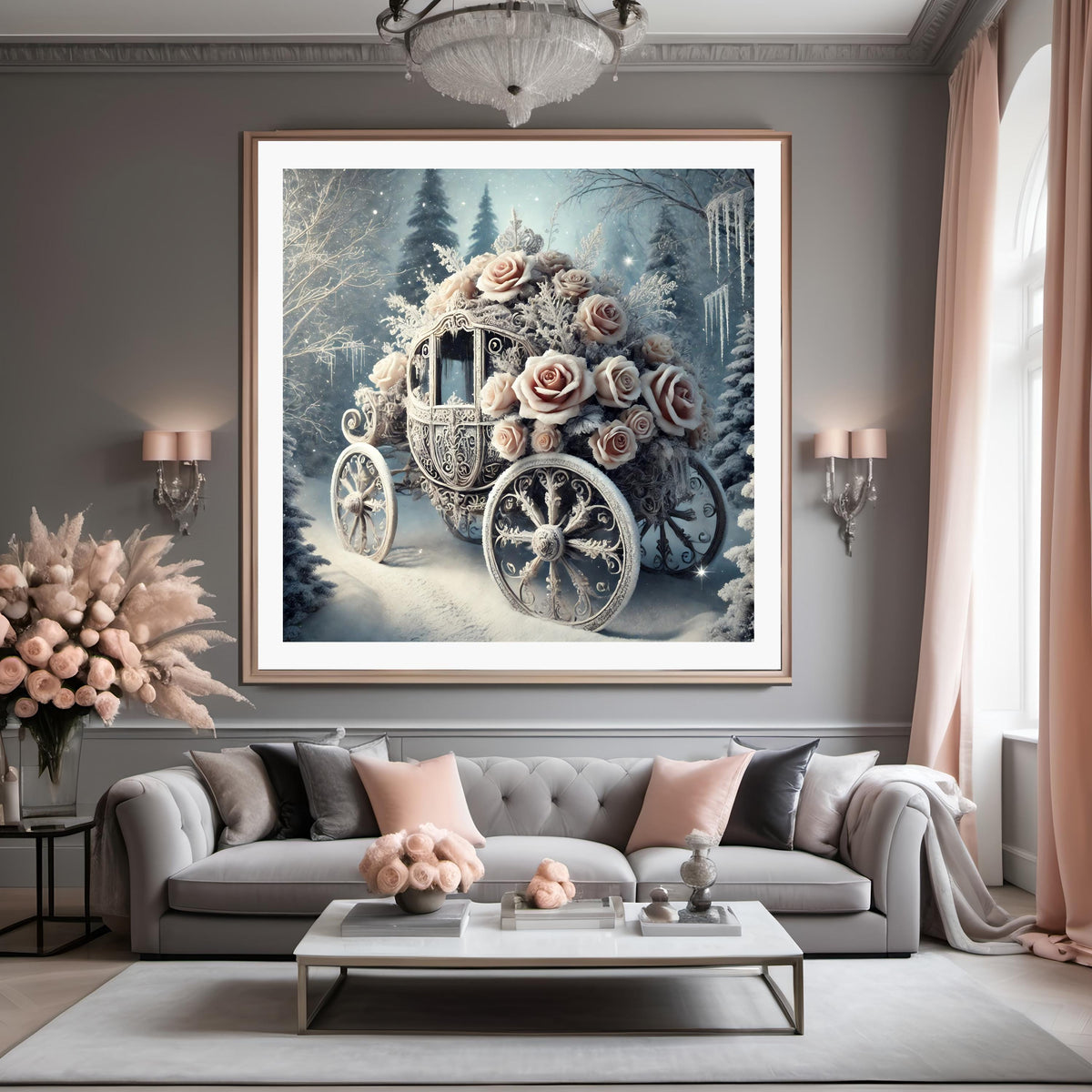 Winter Carriage with Roses Art Print: Romantic Fairytale Decor (Digital Download)