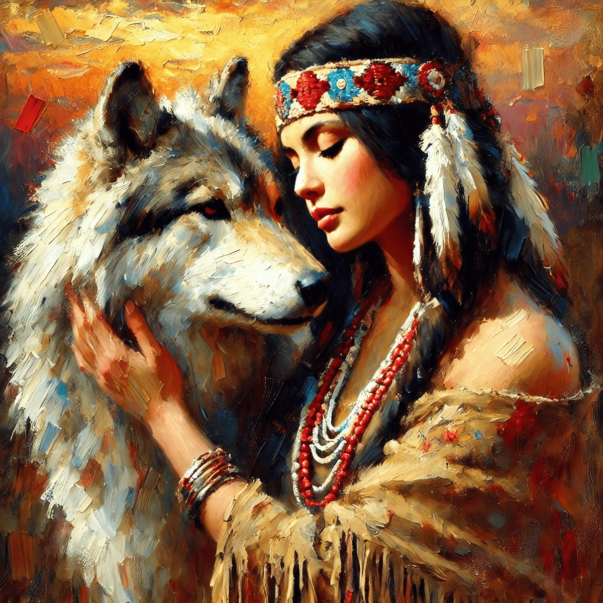 Native American Woman and Wolf Art Print: Spiritual Impressionism (Digital Download) 2