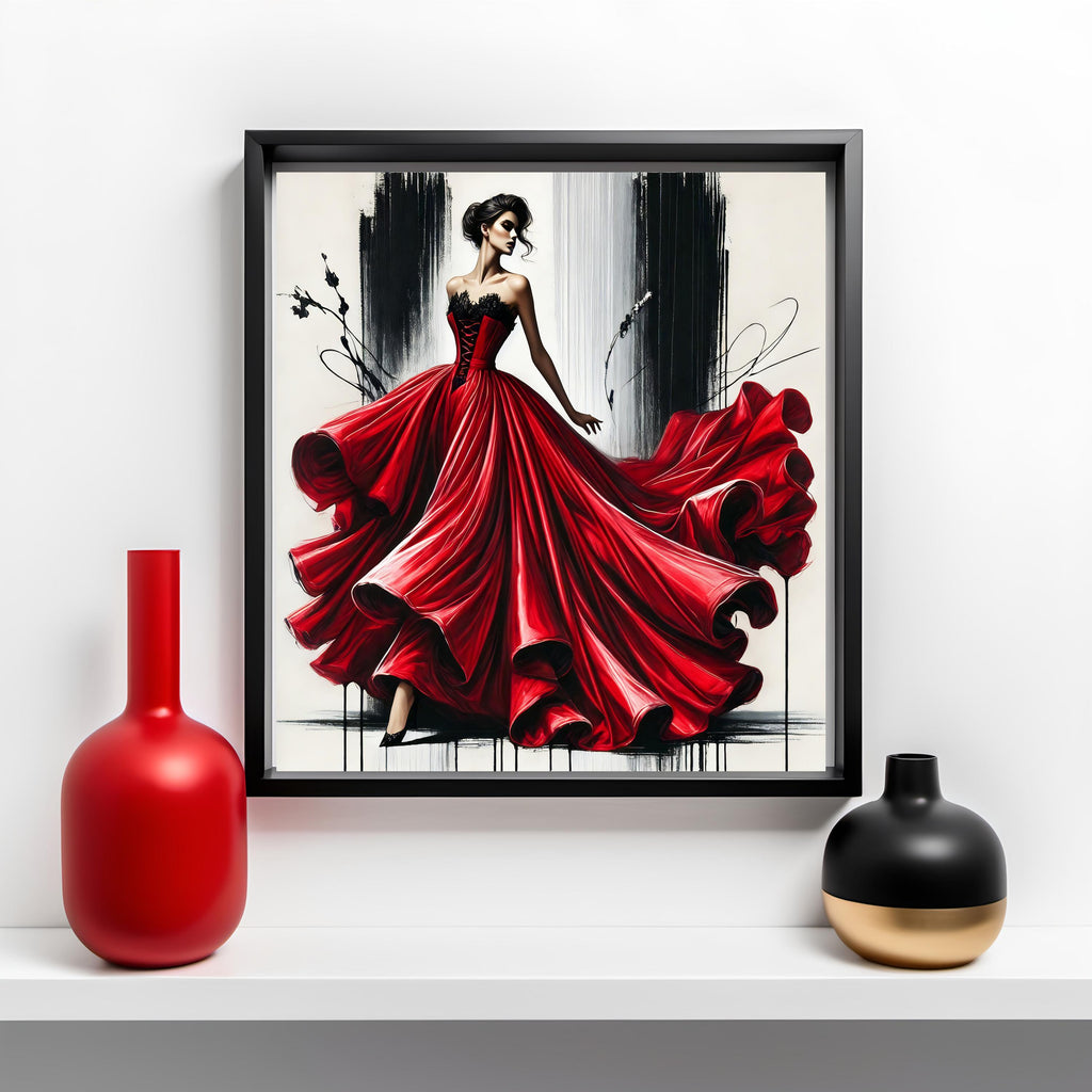 Red Satin Gown Fashion Illustration: Elegant Haute Couture Art (Digital Print)