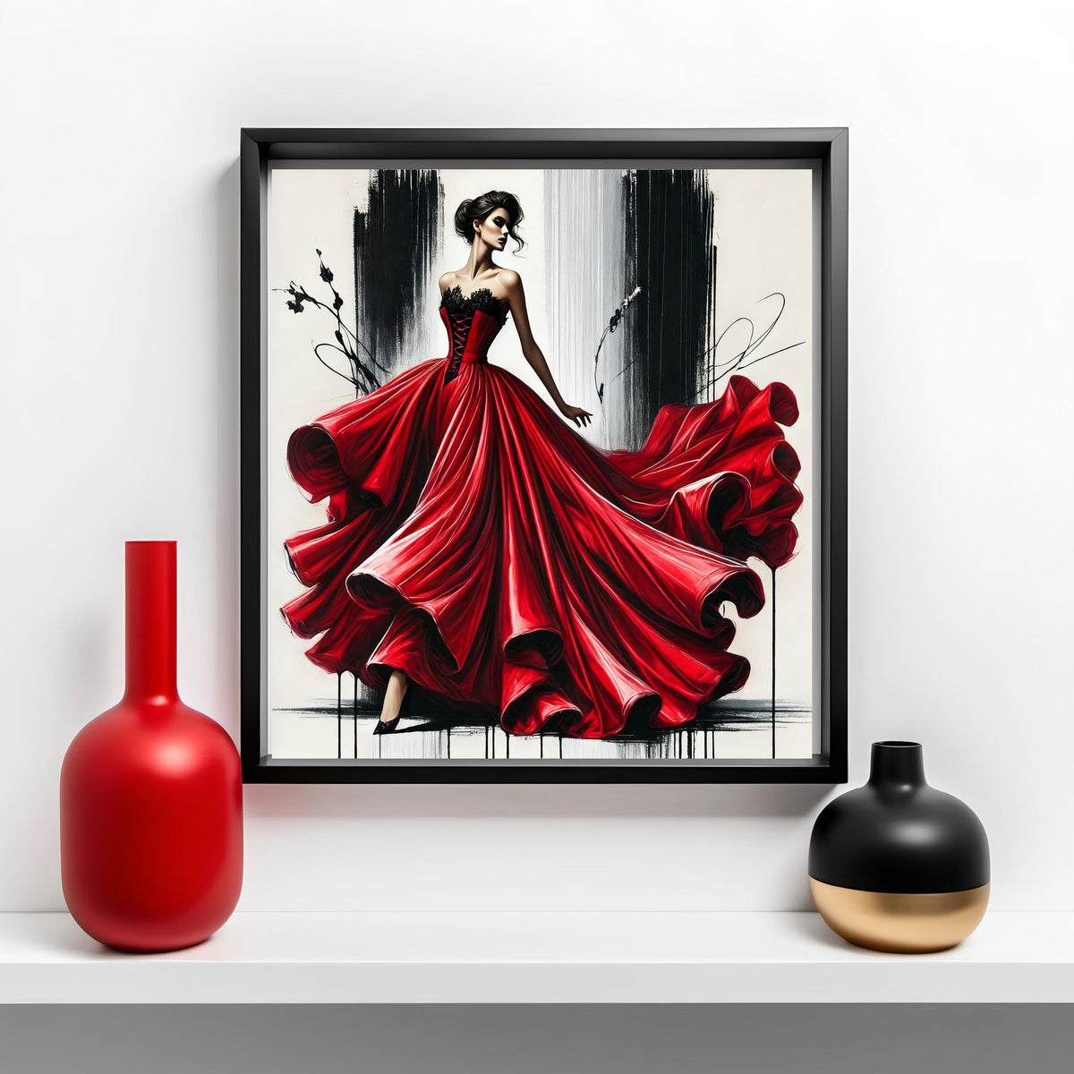 Red Satin Gown Fashion Illustration: Elegant Haute Couture Art (Digital Print)