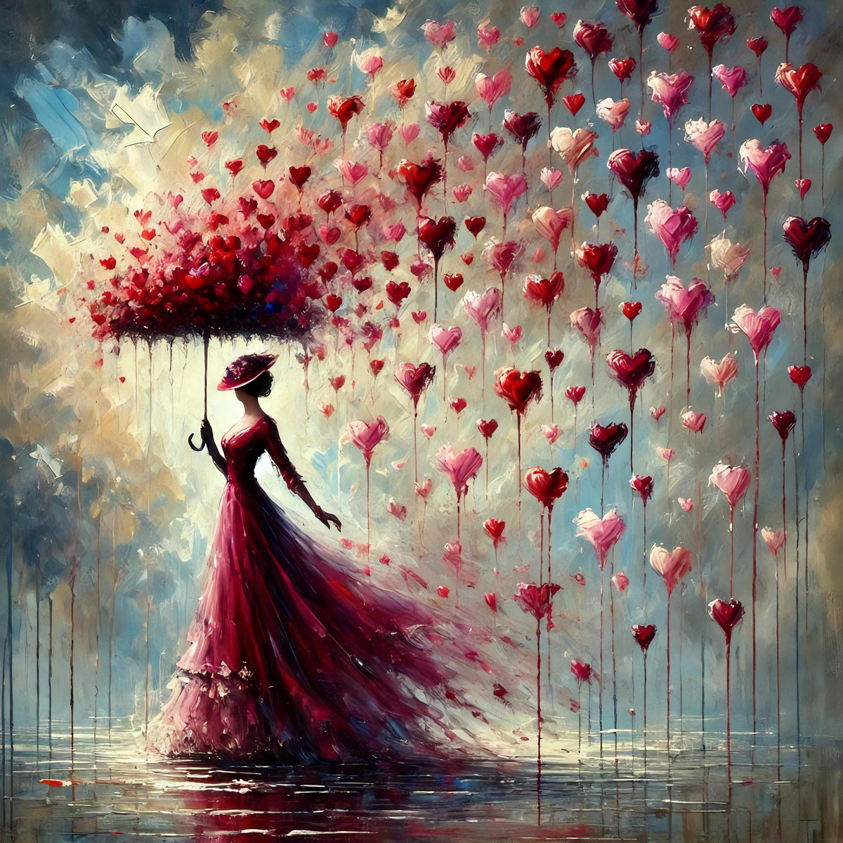 Valentine's Day Woman with Heart Umbrella Art Print (Digital Download)