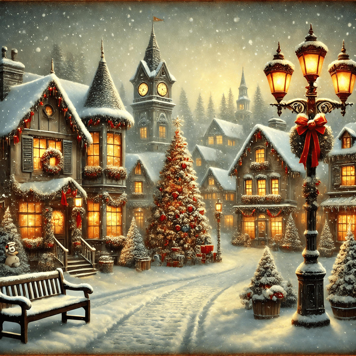 Vintage Christmas Town Art: Festive Winter Village Digital Print (4096X4096 pixels)