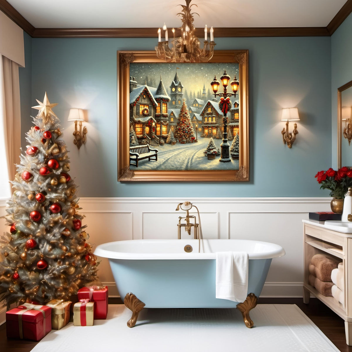 Vintage Christmas Town Art: Festive Winter Village Digital Print (4096X4096 pixels)