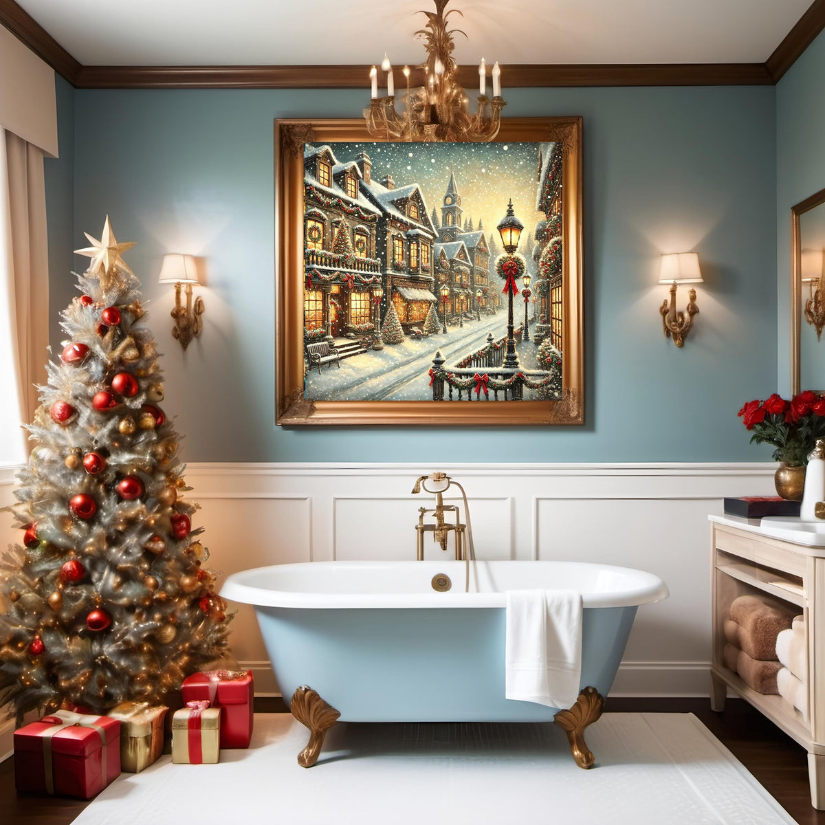 Vintage Christmas Town Art: Snow-Covered Winter Village (Digital Print)